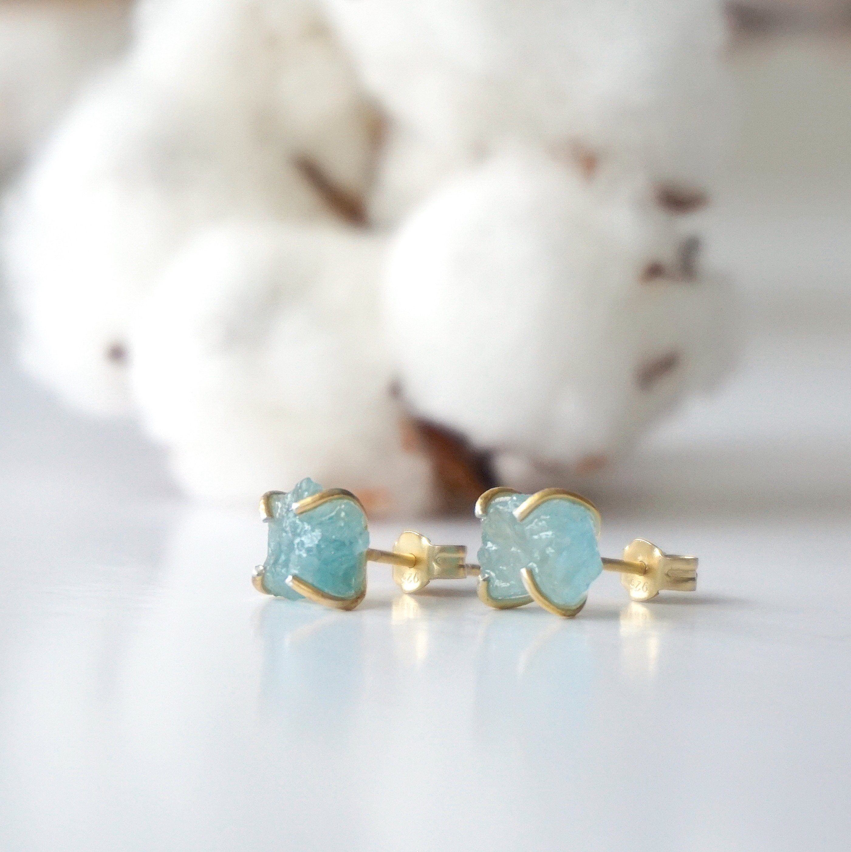 Natural Raw Aquamarine Huggie Stud Earrings - 14k Gold Filled Dainty Jewelry for Women - Perfect for Everyday Wear, Gifts & Special Occasions