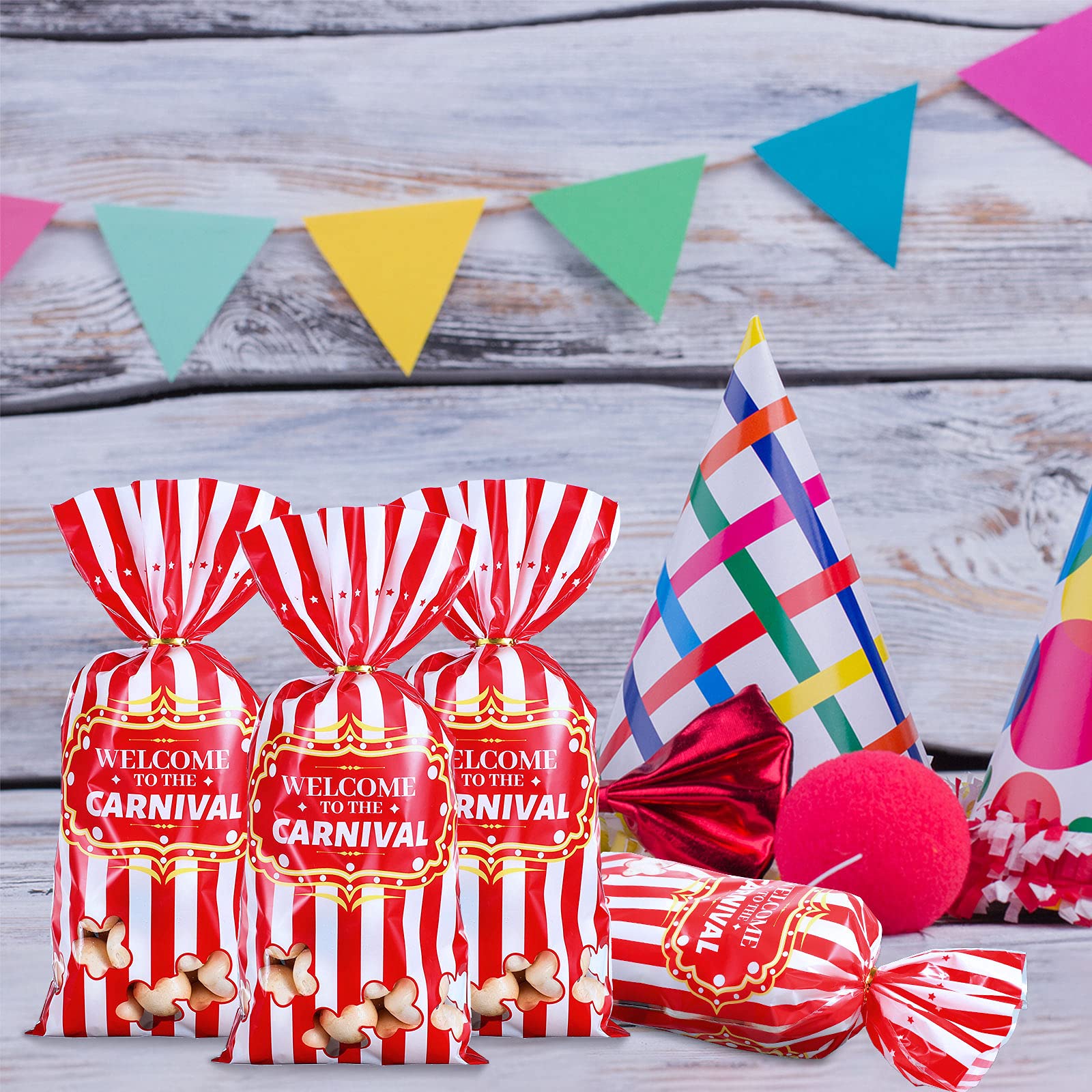 Epakh Carnival Candy Bags - 200 Pack Circus-Themed Plastic Party Favor Bags with Popcorn Pattern & Gold Twisted Ties for Halloween, Birthday Parties, Baby Showers & Wedding Favors - Perfect for Treats, Cookies & Cupcakes