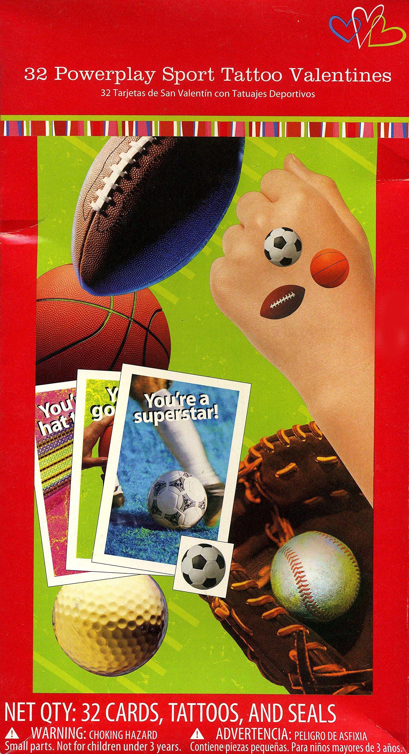 32-Pack Powerplay Sports Valentine's Day Cards with Matching Temporary Tattoos - Perfect for School Exchanges, Party Favors & Kids' Valentine Gifts