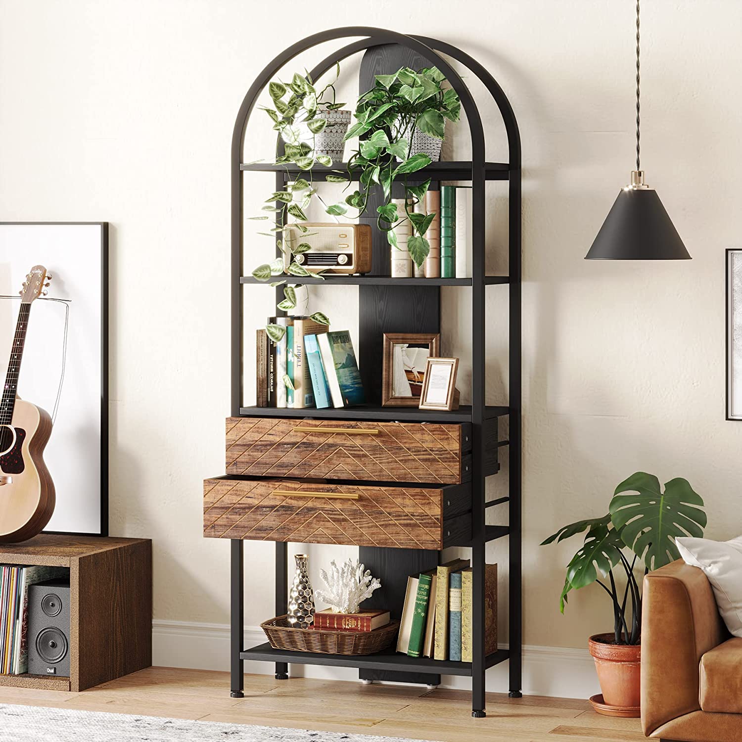 4-Tier Industrial Bookshelf with 2 Storage Drawers & LED Lights - Sturdy Metal Bookcase for Living Room, Office, or Bedroom Organization