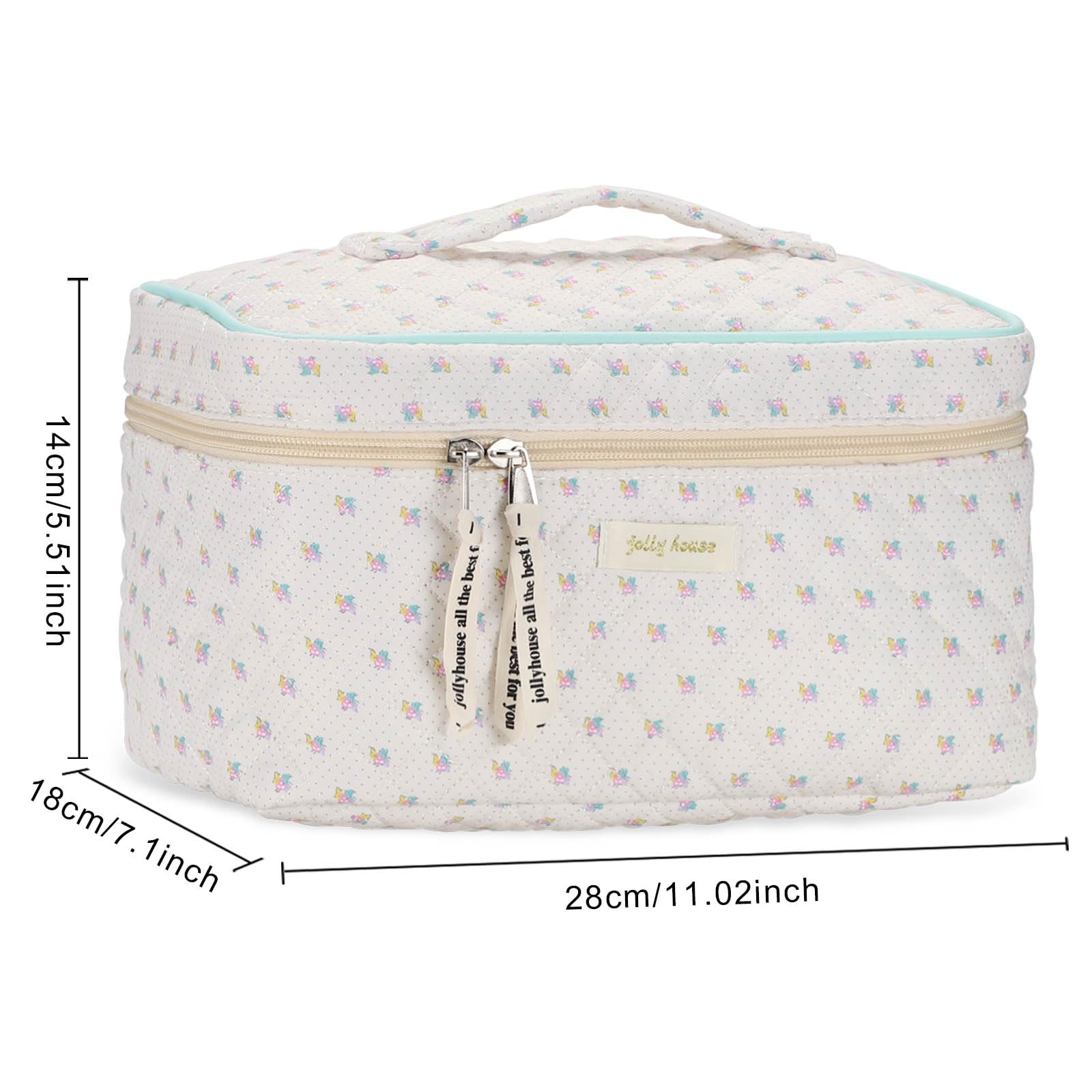 Sightor Large Quilted Cotton Makeup Bag for Women - Cute Floral Cosmetic Travel Toiletry Bag with Handle, Beige | Perfect for Travel, Gym, Daily Organizer & Gift