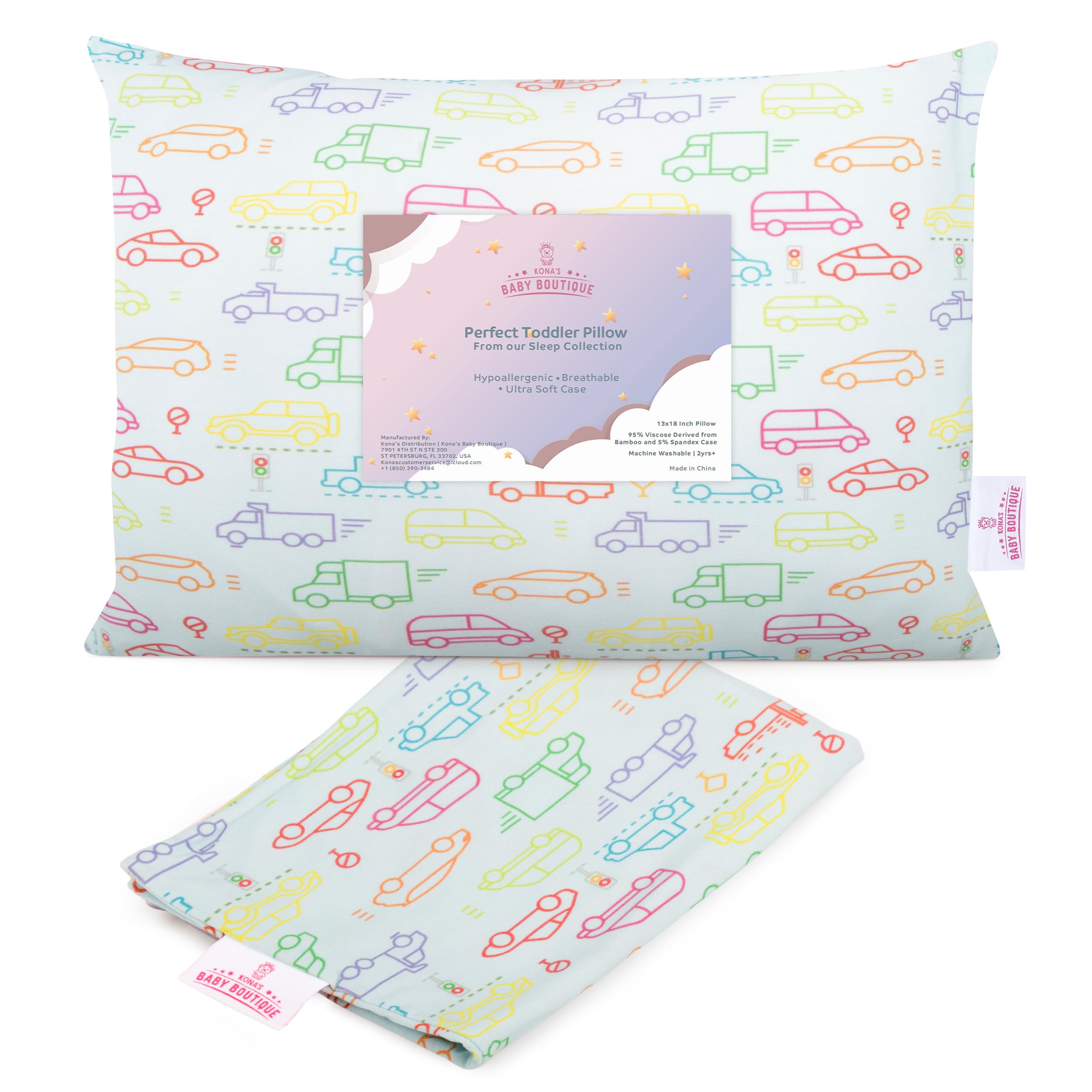 Soft Blue Cars Toddler Pillow for 2-3 Year Olds | 13x18 Inch Kids Pillow with Ultra-Soft Pillowcase | Perfect for Nap Time, Travel & Daycare Use