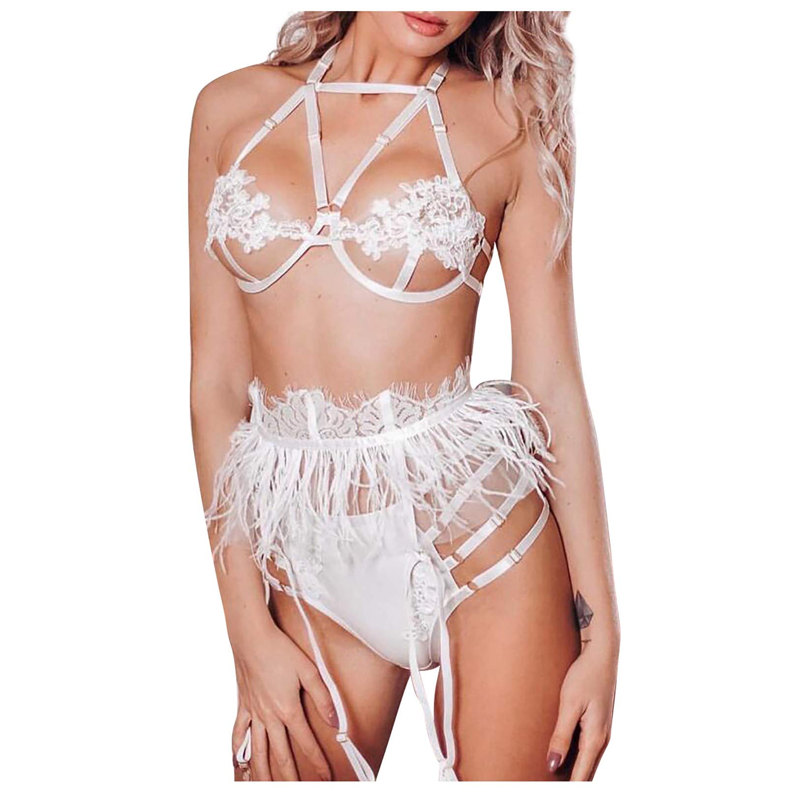 Sexy Feather Lace Lingerie Set - Women's G-String Underwear & Garter Sleepwear Pajamas for Romantic Nights & Boudoir Photography