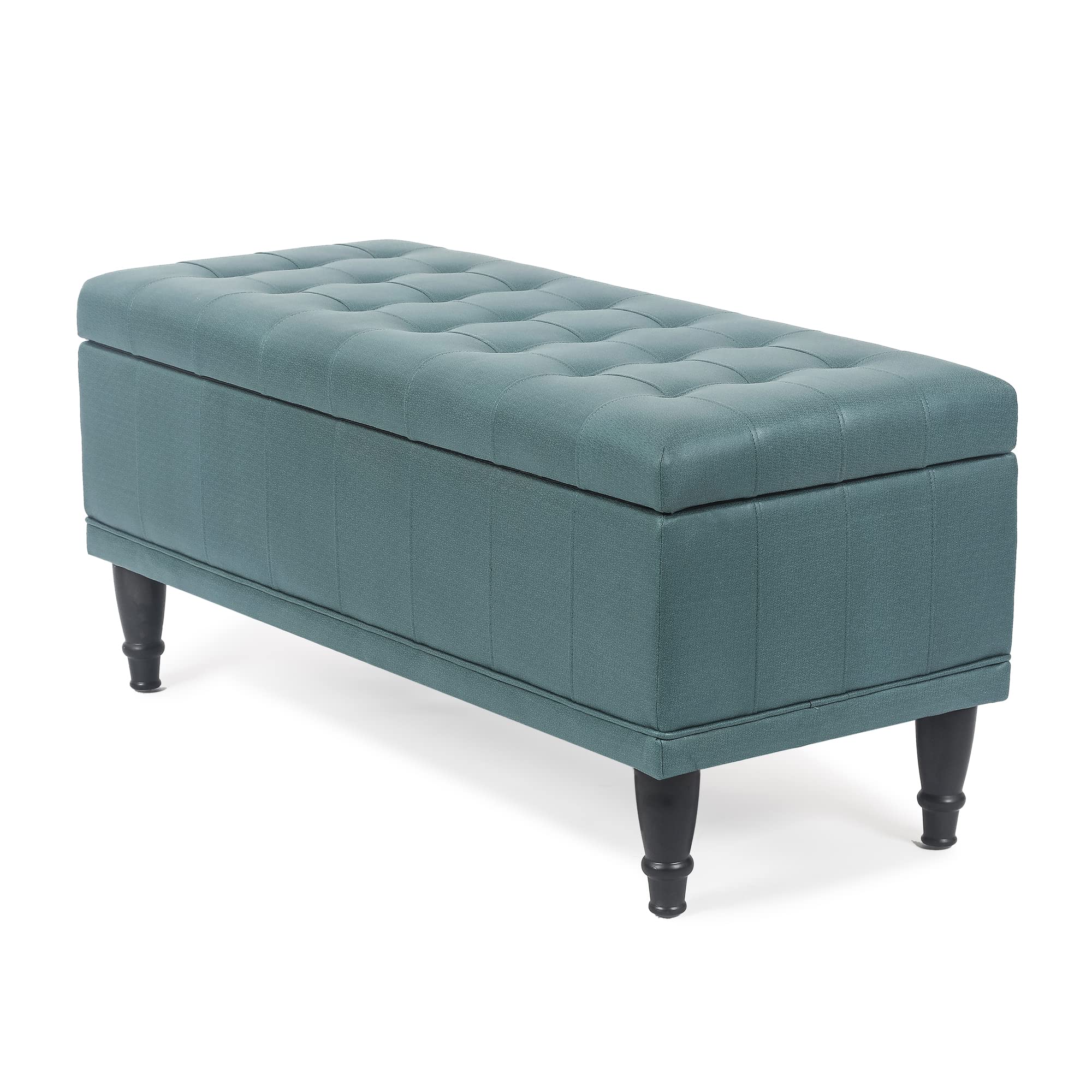 Asense Fabric Rectangle Tufted Storage Ottoman Bench with Hinged Lid - Solid Wood Legs Upholstered Footstool, Leathaire Blue - Perfect for Living Room, Bedroom & Entryway Storage
