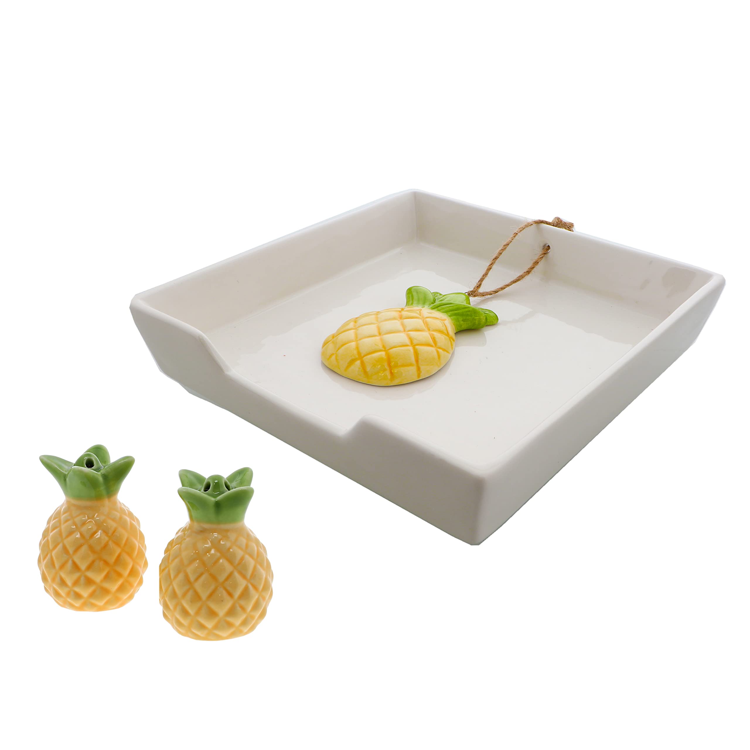 Ceramic Pineapple Napkin Holder and Salt & Pepper Shakers Set - Modern Kitchen Dining Table Decor for Restaurants, Home, and Party Use