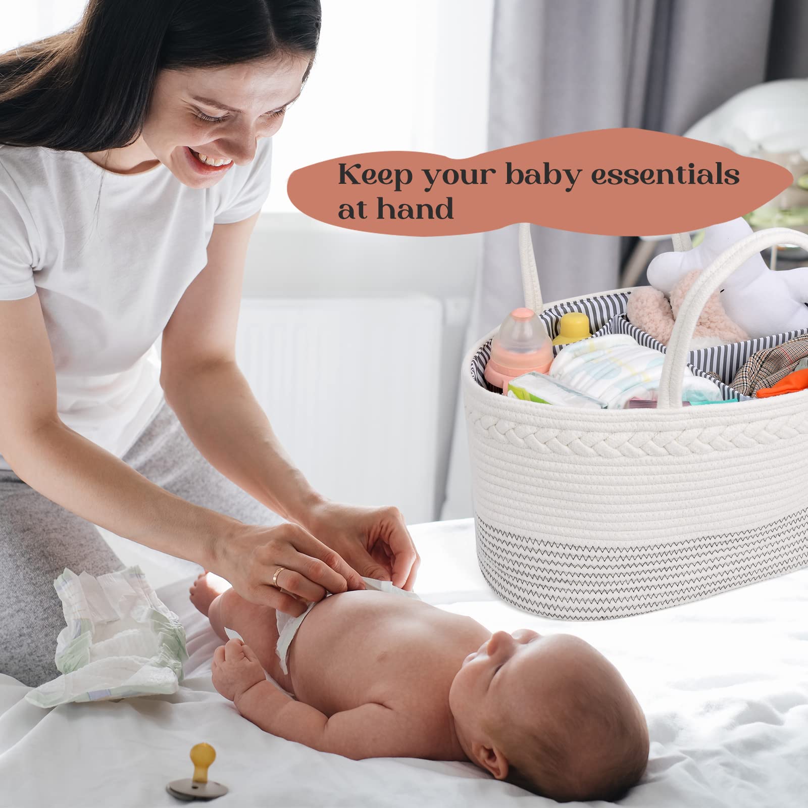 Premium Extra Large Baby Diaper Caddy Organizer - Cotton Rope Nursery Storage Basket with Dividers, Portable Changing Table Organizer & Car Storage Tote - Perfect Baby Shower Gift for Newborns (Great for Nursery, Travel & On-the-Go Parents)