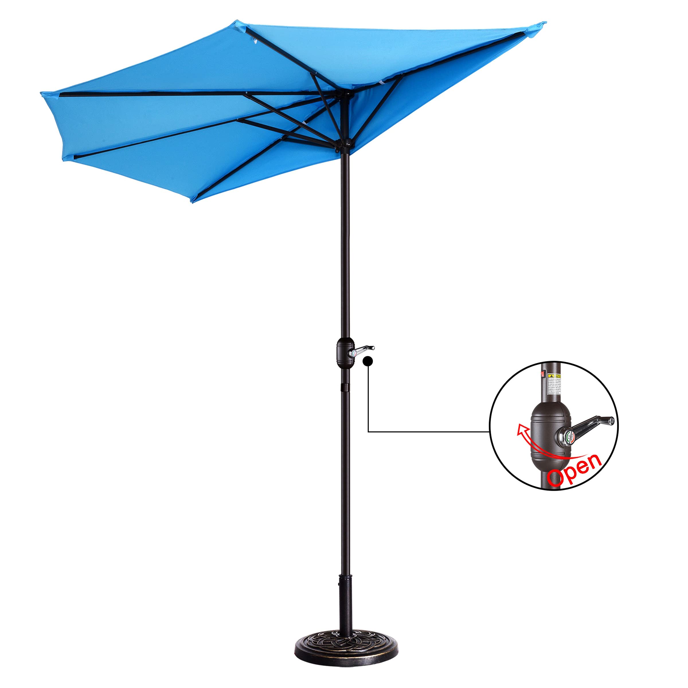 9FT Blue Half Patio Umbrella with Easy Hand Crank - Outdoor Canopy for Garden, Balcony, Condo & Townhouse - Sun Shade for Poolside, Deck, Backyard & Outdoor Dining - Villacera Patio Furniture