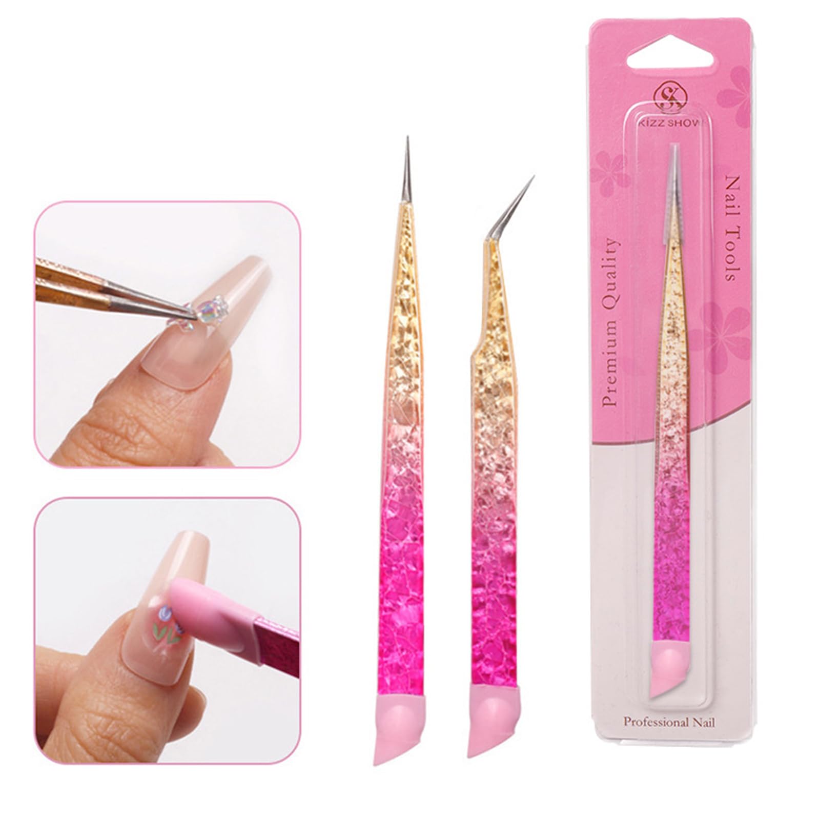 Premium Stainless Steel Double-Ended Nail Art Tweezers - Straight & Curved Tip Lash Tweezers with Silicone Head for Professional Nail Extensions, False Eyelash Application & DIY Nail Art - Perfect for Salon, Home Use & Beauty Enthusiasts