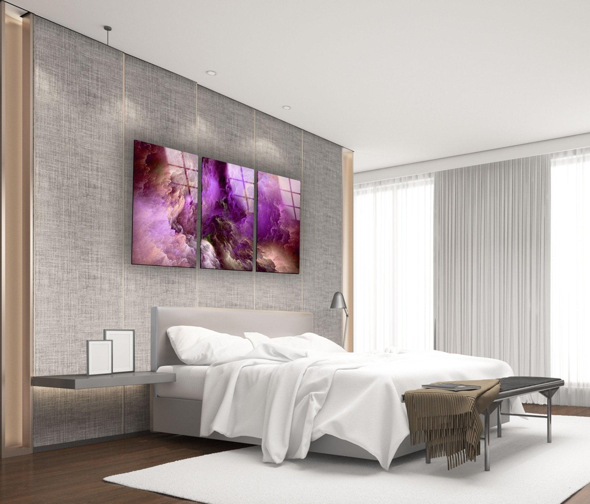 Abstract Purple Clouds Glass Wall Art - Modern Handmade Glass Decor for Living Room, Bedroom & Office - Elegant Home & Office Decoration