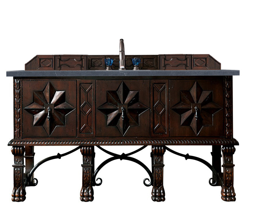Balmoral 60 Inch Single Bathroom Vanity Cabinet in Antique Walnut Finish with 3CM Charcoal Soapstone Quartz Countertop - Perfect for Modern Farmhouse & Traditional Bathroom Designs