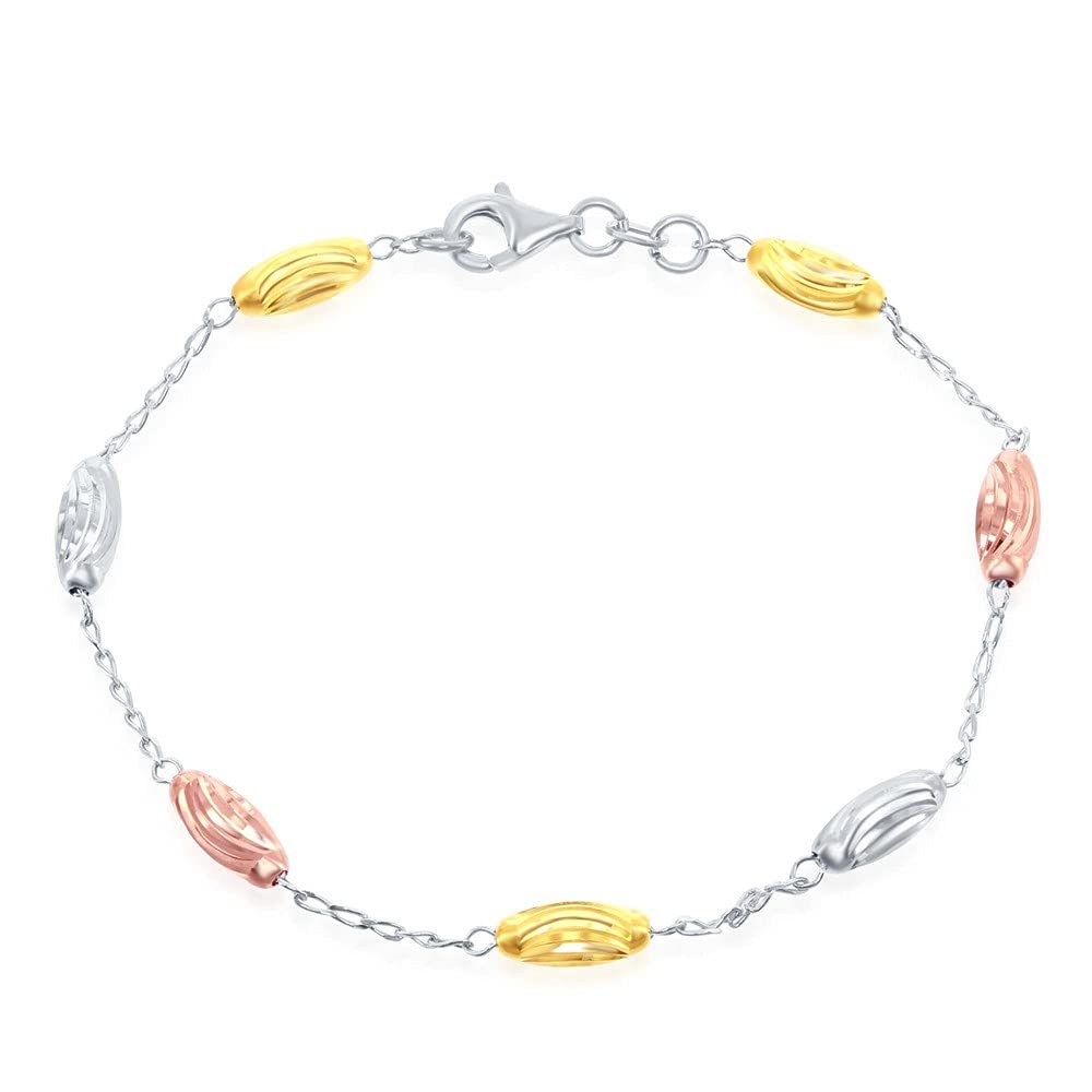 Elegant Tri-Color Sterling Silver Diamond Moon Cut Oval Bead Anklet Bracelet for Women | Perfect for Beach Vacation, Summer Outfits & Boho Style Accessories