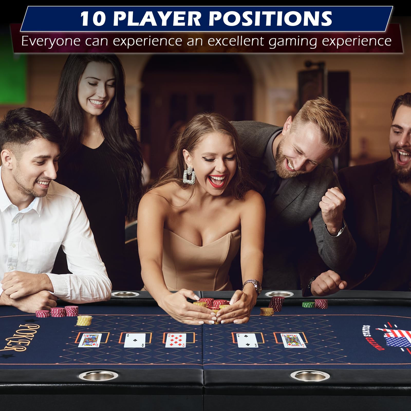 84 Inch Foldable Poker Table for 10 Players - Casino Grade Felt, Padded Rails & Cup Holders - Portable Texas Holdem & Blackjack Table - No Assembly Required (Black) - Perfect for Home Games, Casino Nights & Poker Tournaments