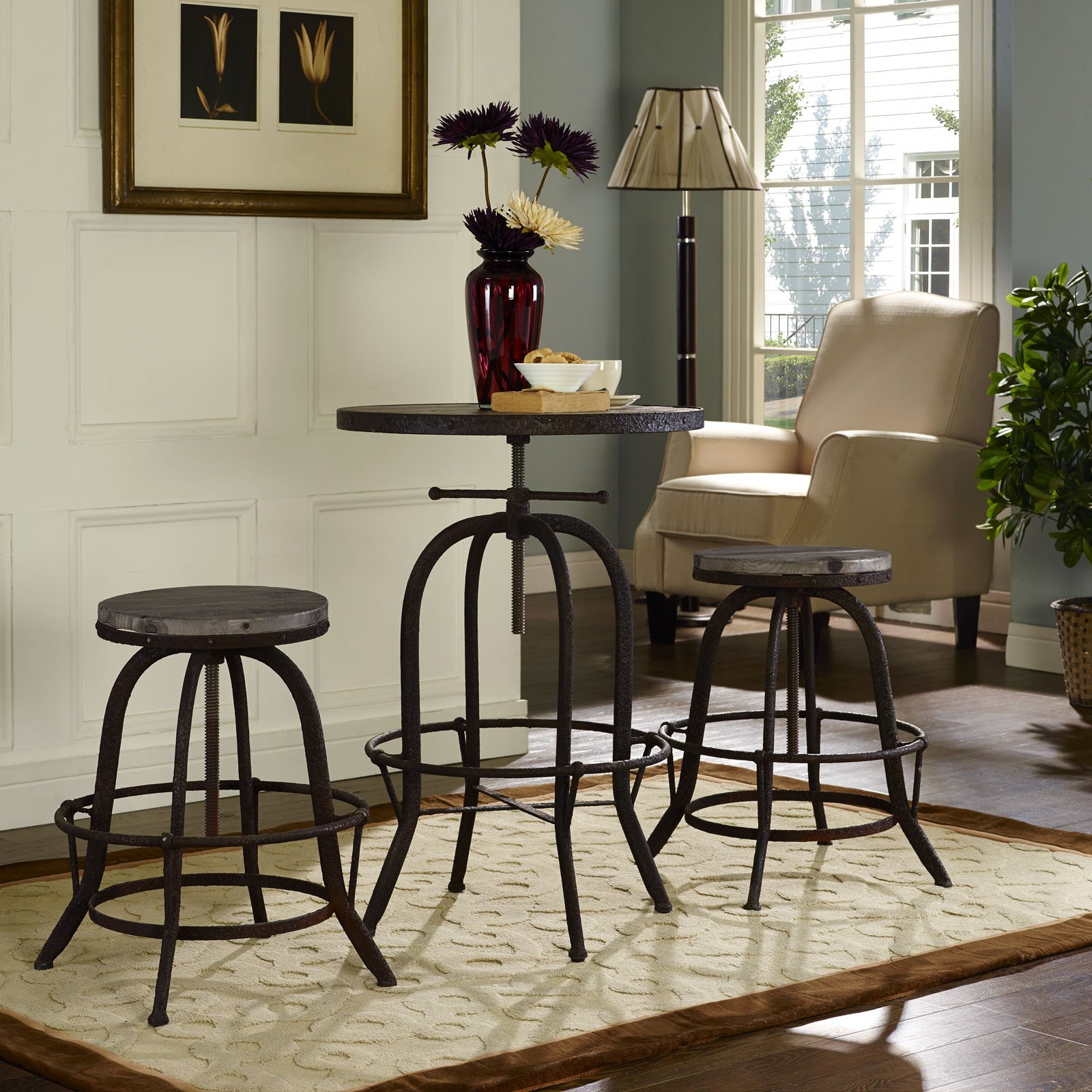 Rustic Farmhouse Pine Wood & Cast Iron Bar Stools - Backless Counter Height Stools for Kitchen Island, Breakfast Bar & Pub - Brown Wooden Stools Set of 2