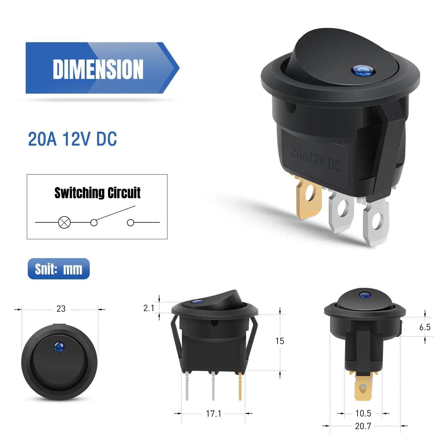 12Pcs 12V 20A Round Blue LED SPST Toggle Switch - Waterproof On/Off Power Switch for Marine, Automotive, and Industrial Applications