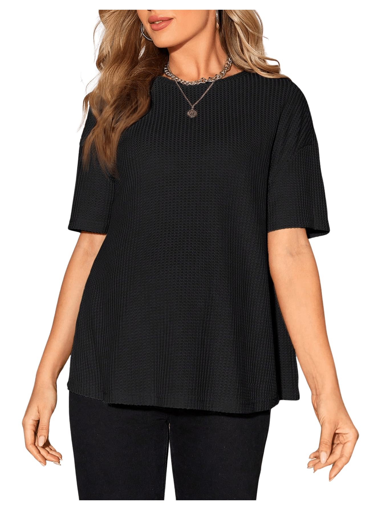 OYOANGLE Women's Maternity Shirts - Split Hem Waffle Knit Short Sleeve Pregnancy Tee Tunic Tops for Casual Wear | Perfect for Everyday Comfort & Nursing