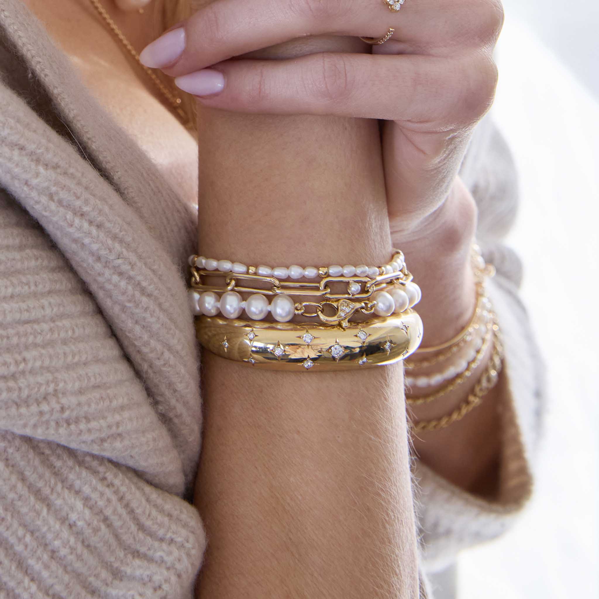 14K Gold Beaded Station Bracelet with Rice Pearls - Elegant Stackable Jewelry for Women, Perfect for Weddings, Parties & Everyday Wear