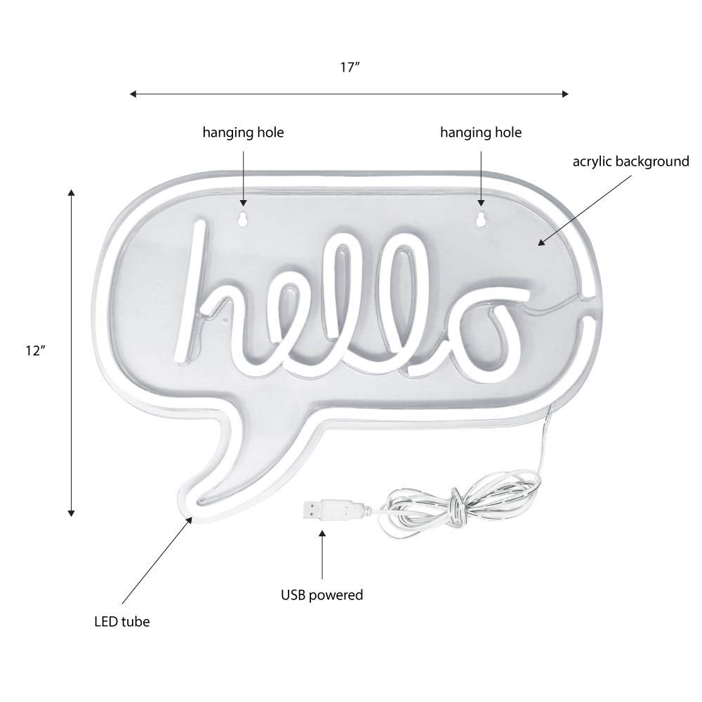Large LED Hello Neon Sign - USB Powered Wall Decor for Kids Room, Living Room, Office, Bar & Restaurant | Night Light for Christmas, Festivals & Parties | Perfect for Home Decor, Bedroom Lighting & Event Decoration