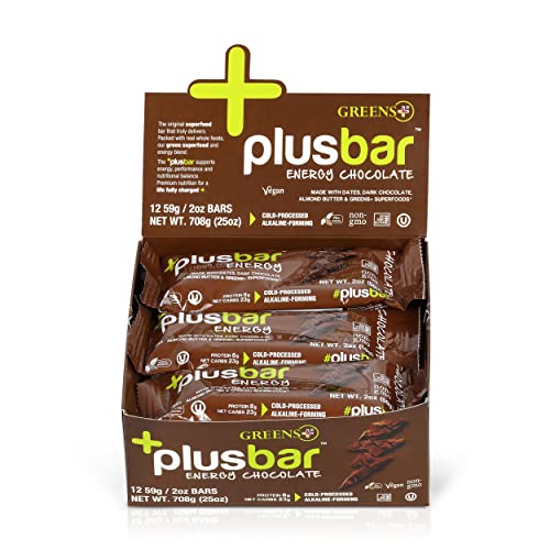 Greens+ Plusbar Energy Chocolate Bar - Gluten Free, Organic, Non-GMO Dark Chocolate Energy Snack with Superfood Greens (12 Pack) - Perfect for Hiking, Workouts & Healthy On-the-Go Nutrition