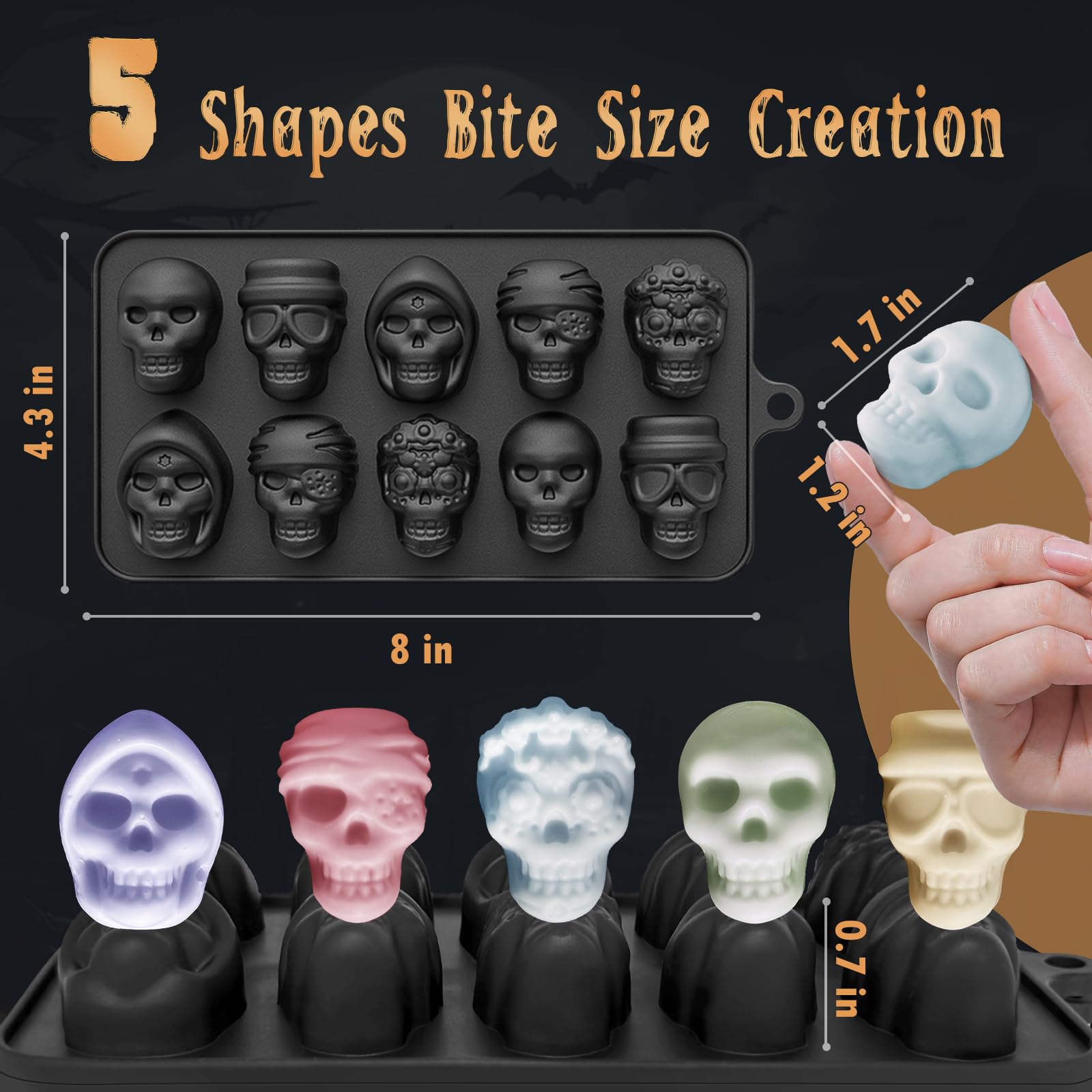 Halloween Skull Silicone Molds 2-Pack - 10 Cavity 3D Chocolate Candy Molds, Wax Melts & Yogurt Trays - 5 Unique Skull Shapes - Food Grade, Oven & Freezer Safe - Perfect for DIY Treats, Halloween Parties & Homemade Candies (Great for Kids Baking & Spooky Dessert Decorations)