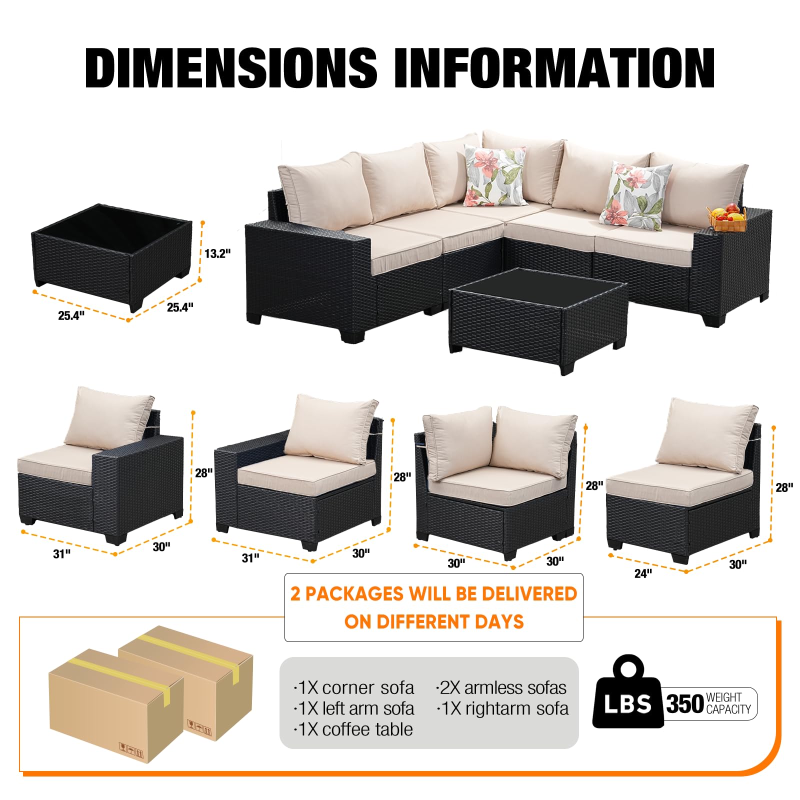 6-Piece All-Weather Outdoor Wicker Patio Furniture Set - Rattan Sectional Sofa with Cushions & Glass Coffee Table - Beige Conversation Set for Porch, Poolside, Garden or Backyard Relaxation