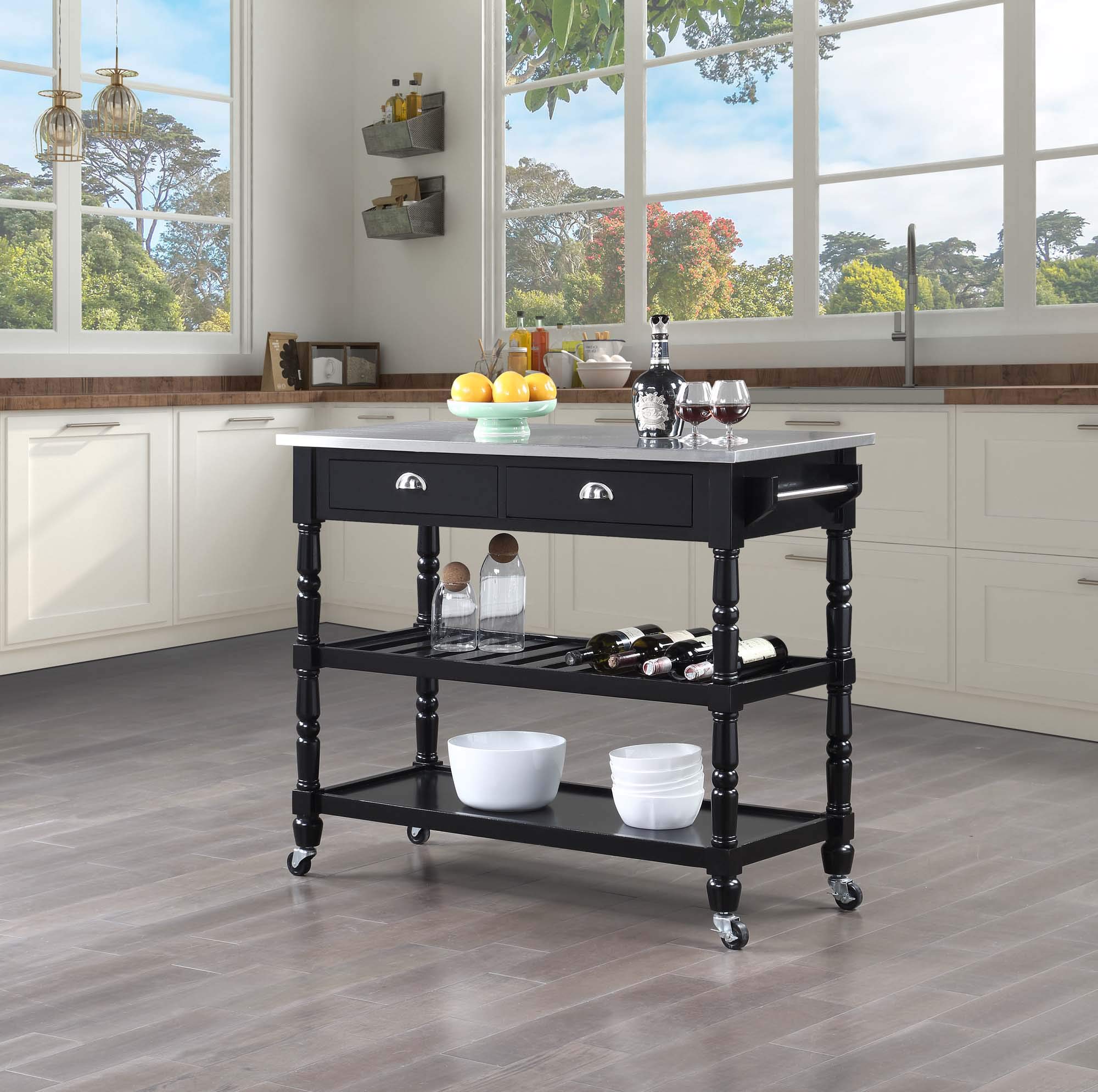 Convenience Concepts French Country 3-Tier Stainless Steel Kitchen Cart with Drawers - Black | Space-Saving Kitchen Island for Small Spaces, Mobile Serving Cart for Dining Room & Pantry Storage