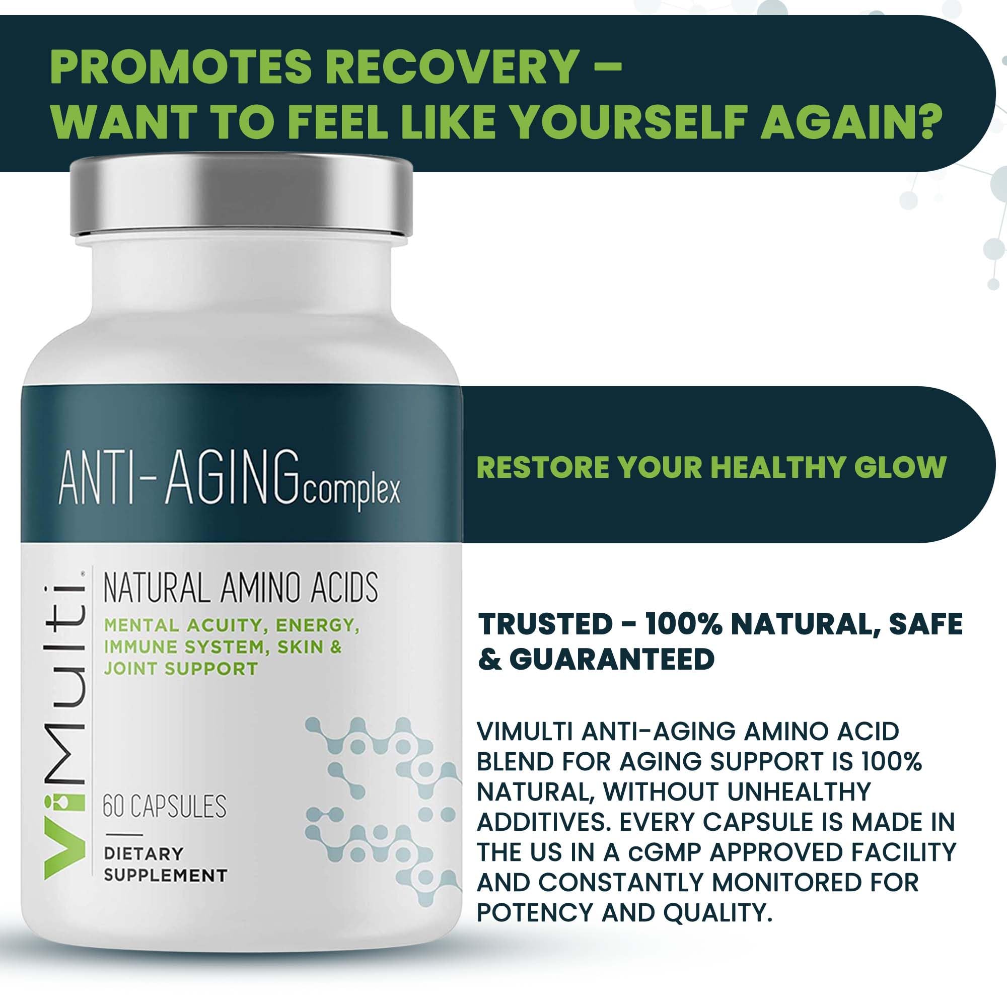 Anti-Aging Natural Amino Acid Supplement for Longevity - Boosts Immune System, Energy, Mental Focus & Skin Health - 60 Capsules (2 Pack) - Supports Restorative Sleep & Overall Wellness for Active Adults