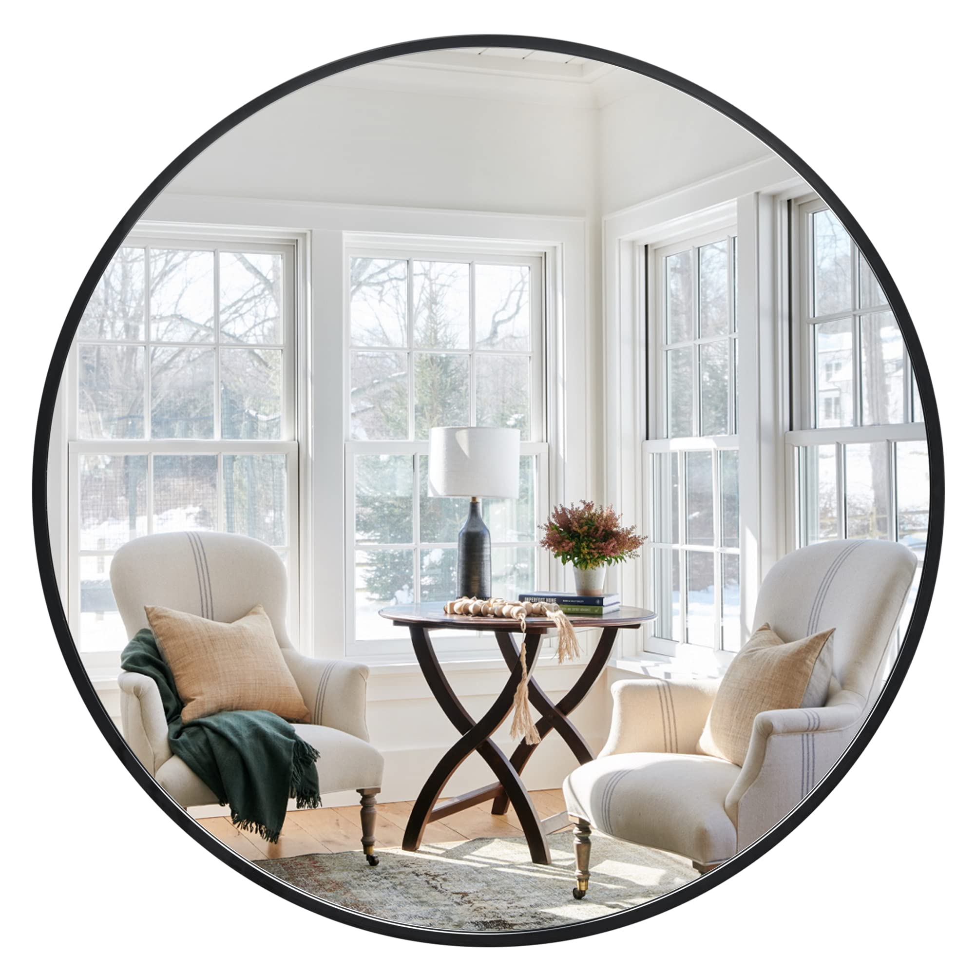 36x36 Inch Modern Round Wall Mirror - Aluminum Alloy Framed Bathroom Vanity Mirror for Home Decor | Perfect for Bedroom, Living Room & Entryway (Black)