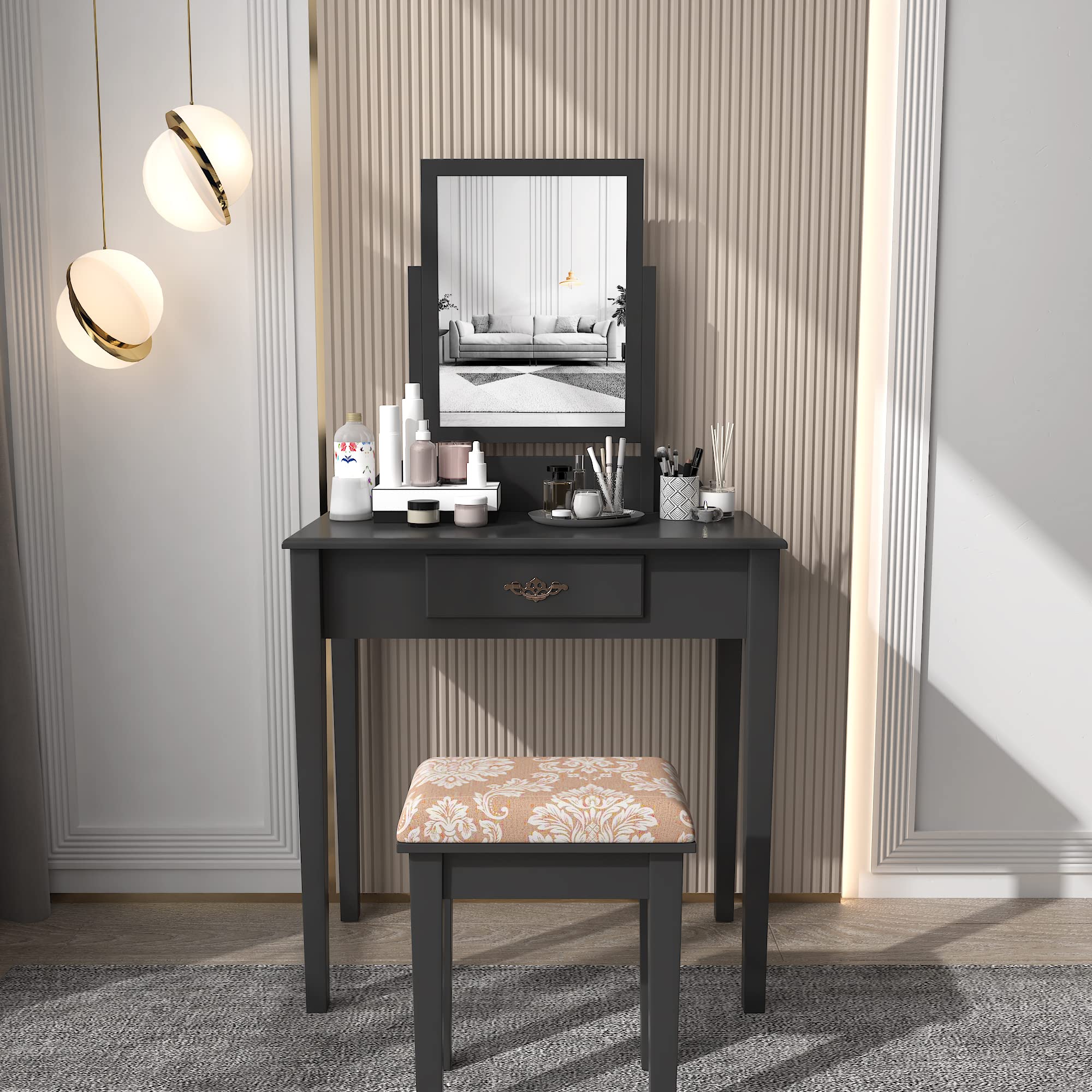 Vanity Desk with Swivel Mirror & Soft Stool - Modern Makeup Dressing Table with Drawers, White Bedroom Vanity Set for Women & Girls | Perfect for Makeup, Skincare & Jewelry Organization in Home, Studio or Dorm Room