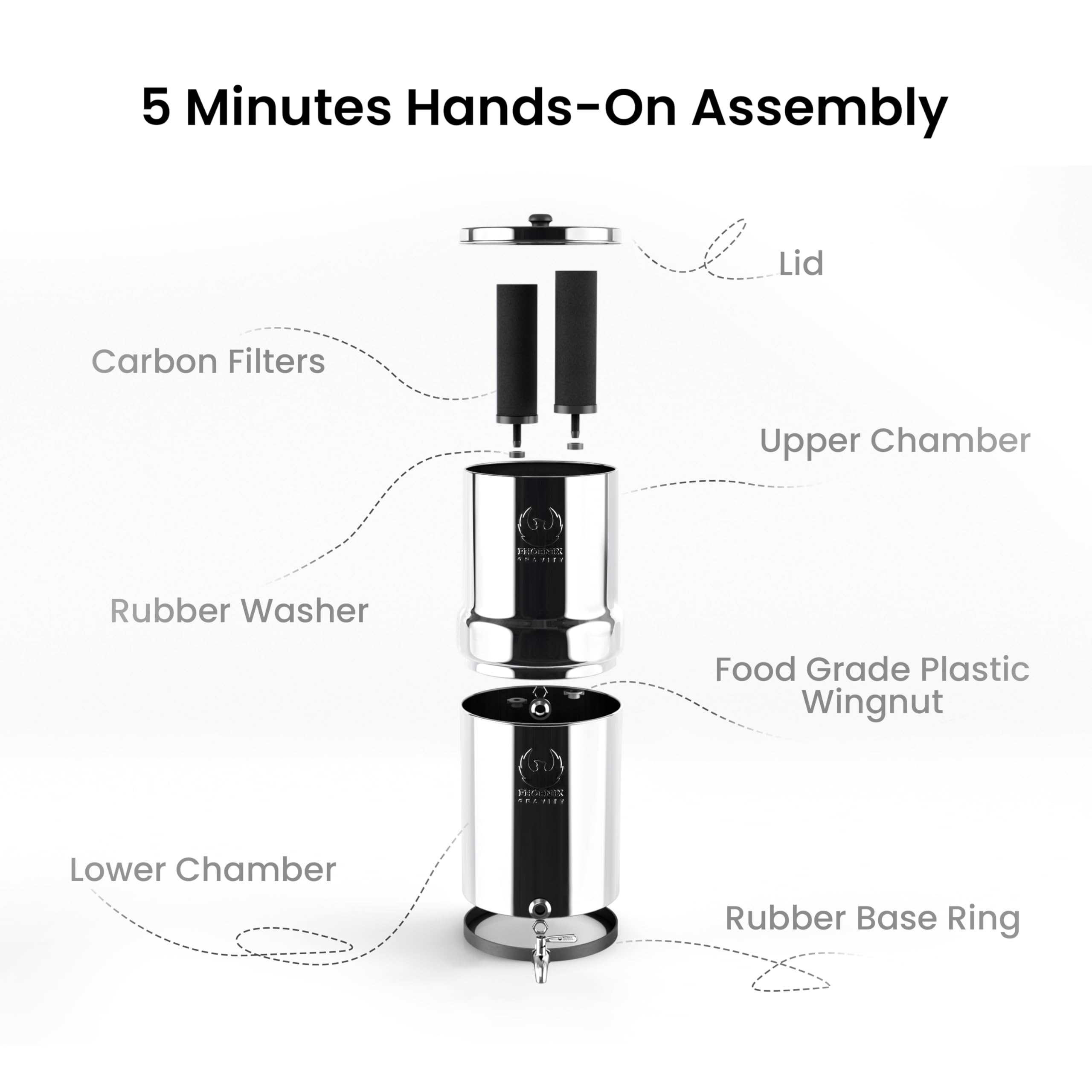 Phoenix Gravity-Fed 2.25 Gallon Stainless Steel Water Filter System - NSF Certified Black Filter Elements & Stainless Steel Tap for Camping, Countertop, Emergency Preparedness & Outdoor Adventures