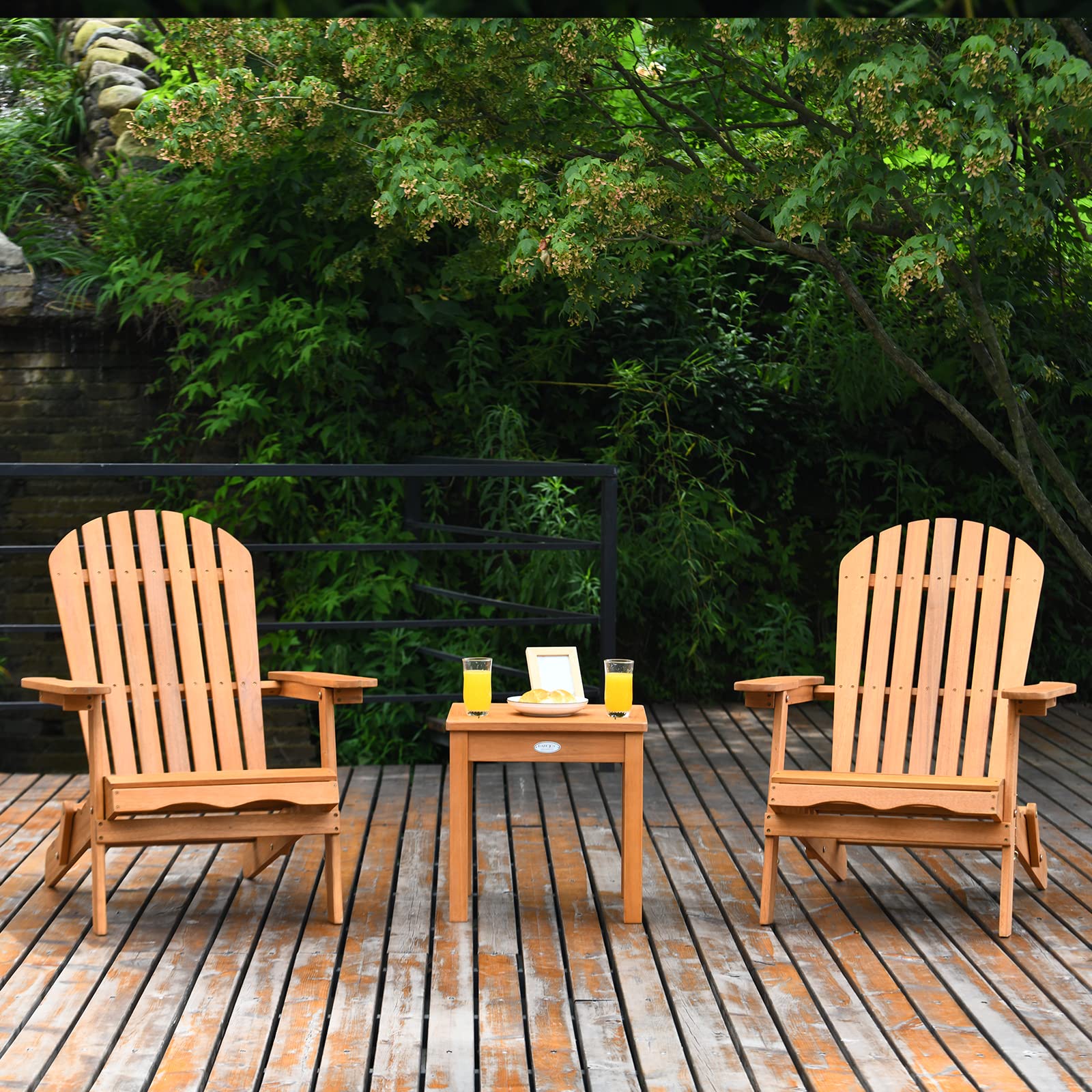 Giantex 3-Piece Foldable Adirondack Chair Set with Side Table - Wide Armrests, Sturdy Eucalyptus Wood Frame - Outdoor Patio, Poolside & Garden Lounge Furniture for Relaxing