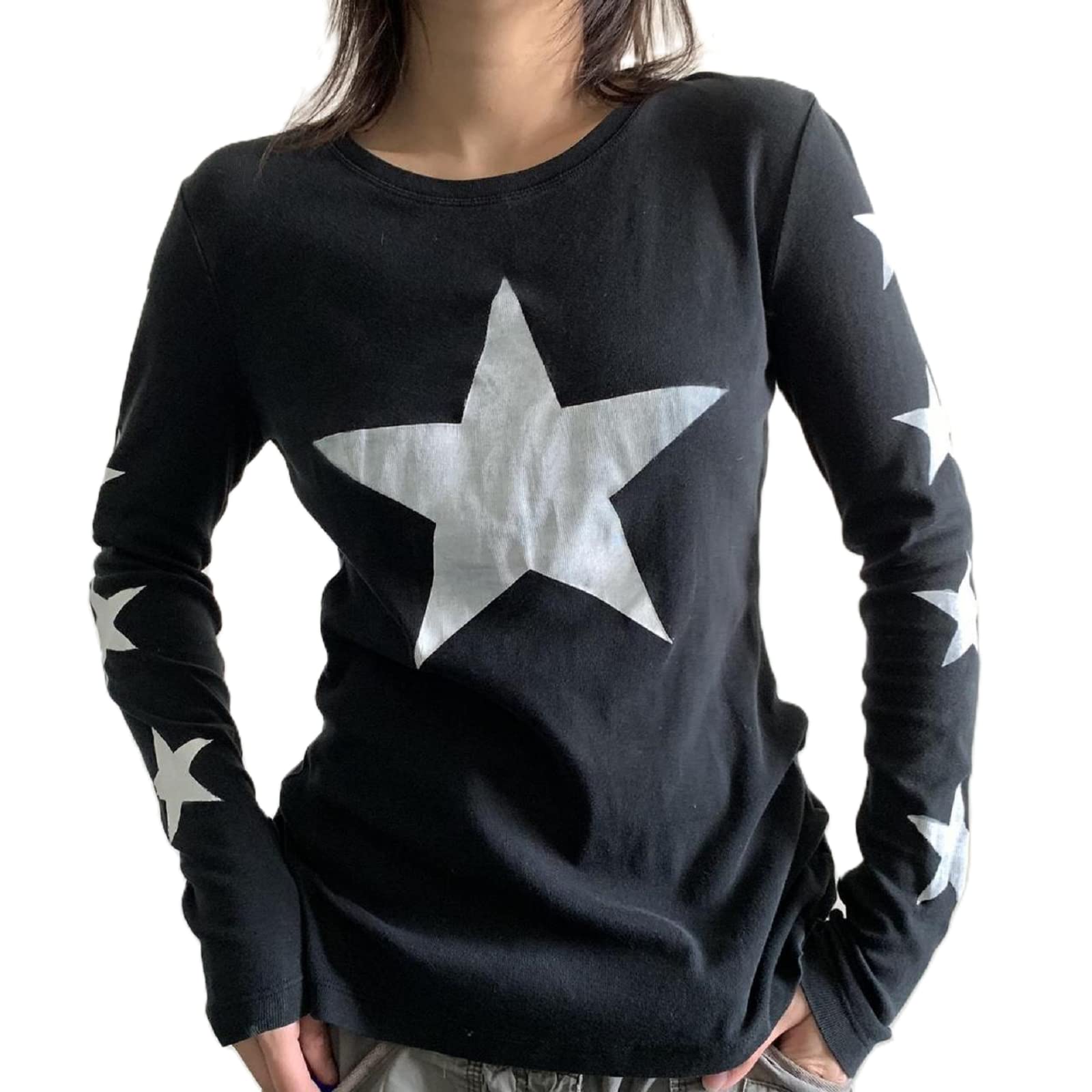 Vintage Y2K Star Print Oversized Sweatshirt for Women & Girls | Long Sleeve E-Girl Pullover | Fairy Grunge Streetwear Tee | Perfect for Casual Outfits, Music Festivals & Retro Fashion Looks