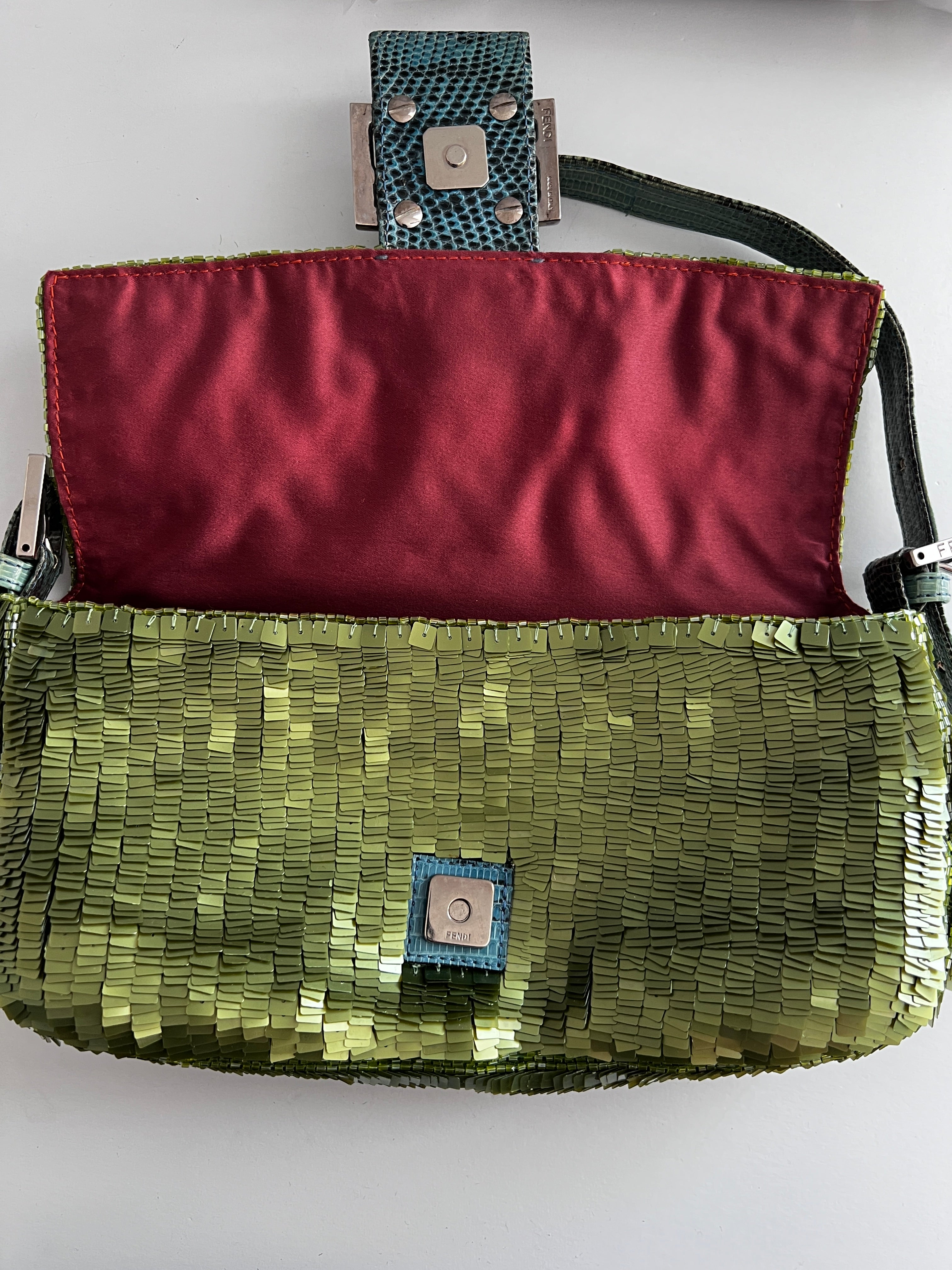 Vintage Fendi Green Sequin Baguette Bag - Luxury Designer Shoulder Bag for Women | Perfect for Evening Parties, Weddings & Special Occasions