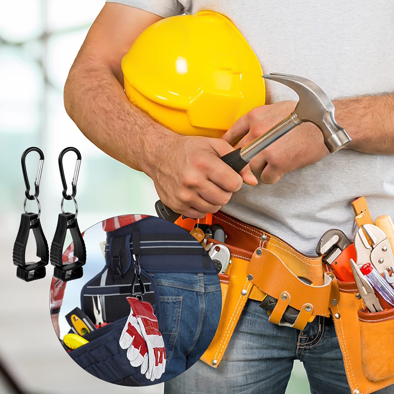 Focenat 4-Pack Black Work Glove Clips with Metal Belt Clip - Non-Slip Glove Holder for Construction, Safety Helmets & Tool Belts | Durable Glove Keeper for Work, Gardening & Outdoor Activities
