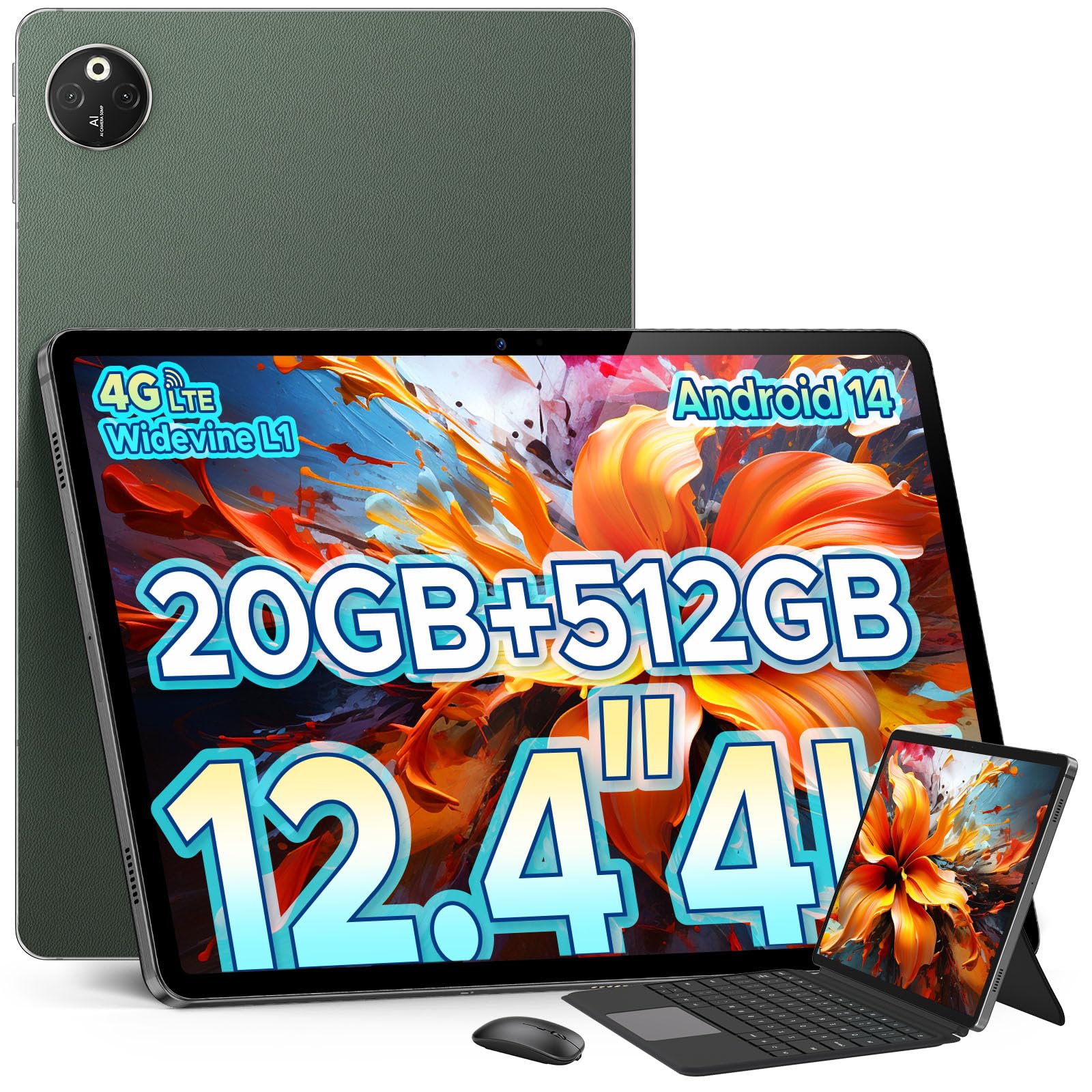 DOOGEE T30 Max 12.1 Inch Android 14 Tablet - 20GB RAM 512GB ROM (Expandable to 2TB), 2.4K Display, Octa-Core 2.2GHz G99 Processor, 10800mAh Battery with 33W Fast Charging - Dual SIM 4G LTE Tablet with 2.4G/5G WiFi (Green) - Perfect for Work, Gaming & Entertainment