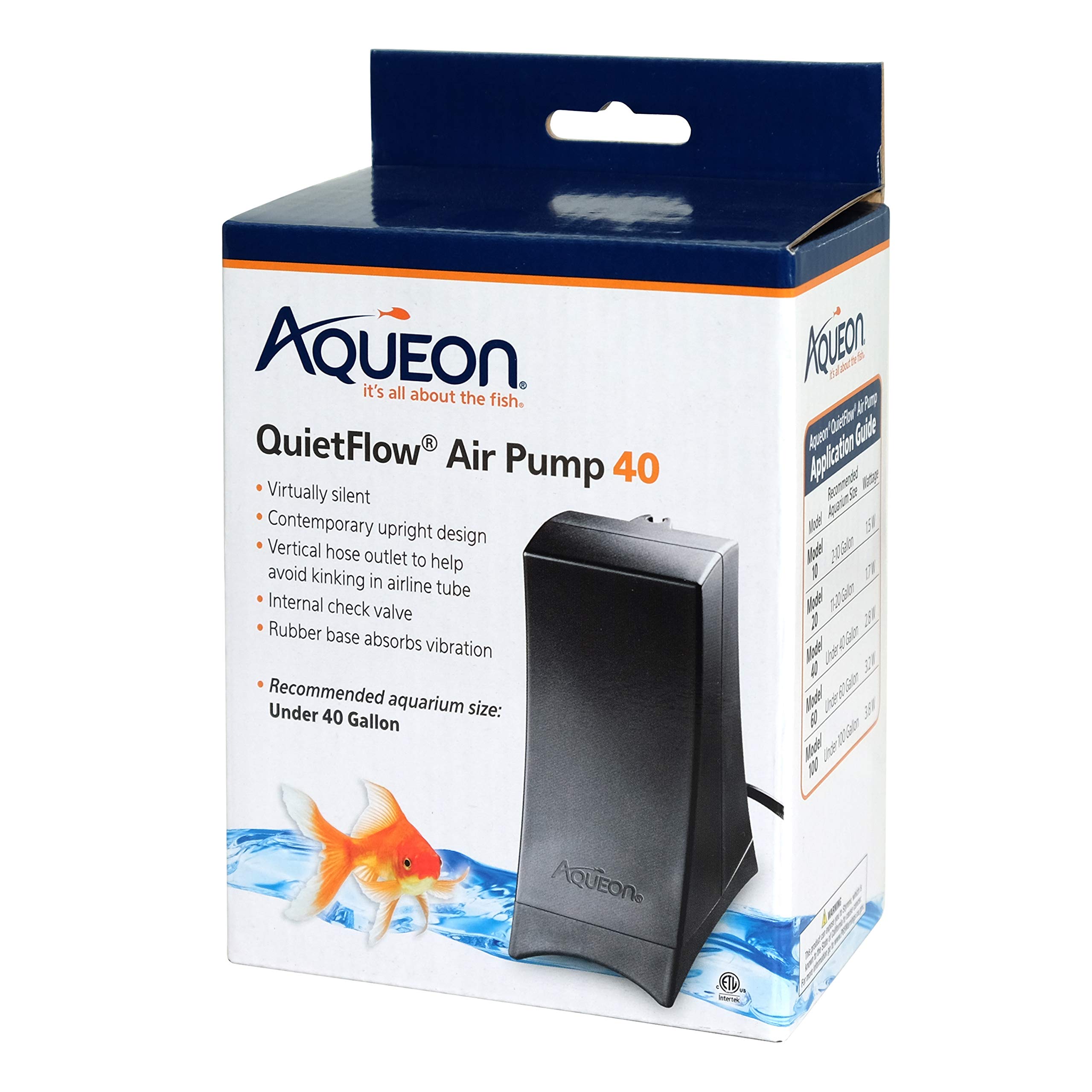 Aqueon QuietFlow Aquarium Air Pump 40 - Ultra Quiet Oxygen Pump for Fish Tanks Up to 40 Gallons - Black - Perfect for Home Aquariums, Fish Breeding & Aquatic Plant Tanks