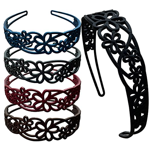 5pcs Wide Flower Headbands for Women & Girls - Plastic Hairbands with Teeth, Hard Hair Hoops by Yazon - Perfect for Parties, Weddings & Everyday Fashion Accessories