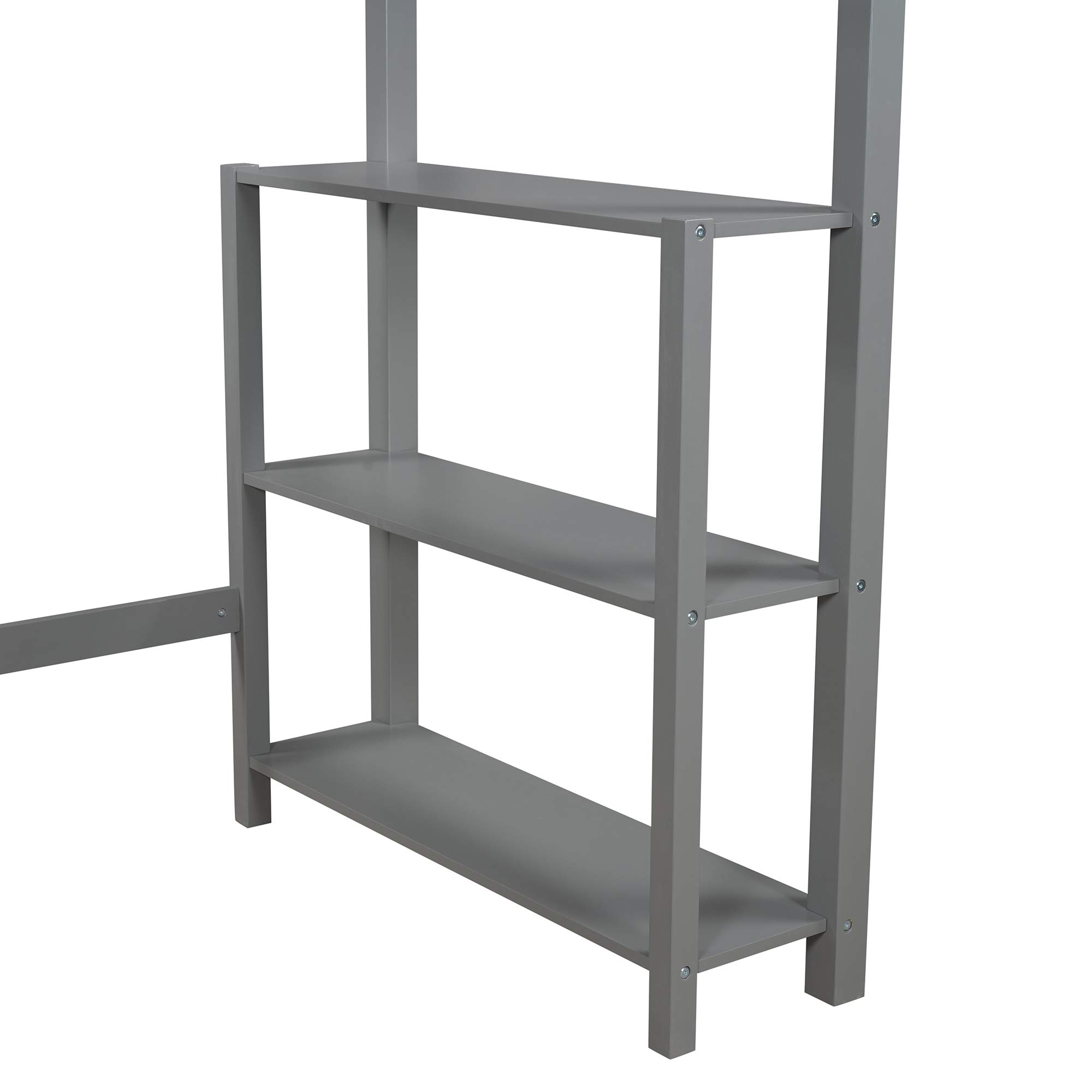 Kids Wooden Twin Loft Bed Frame with Storage Shelves & Angled Ladder - No Box Spring Needed, Space-Saving Gray Loft Bed for Small Rooms, Dorm, or Apartment - Perfect for Sleep, Study & Play