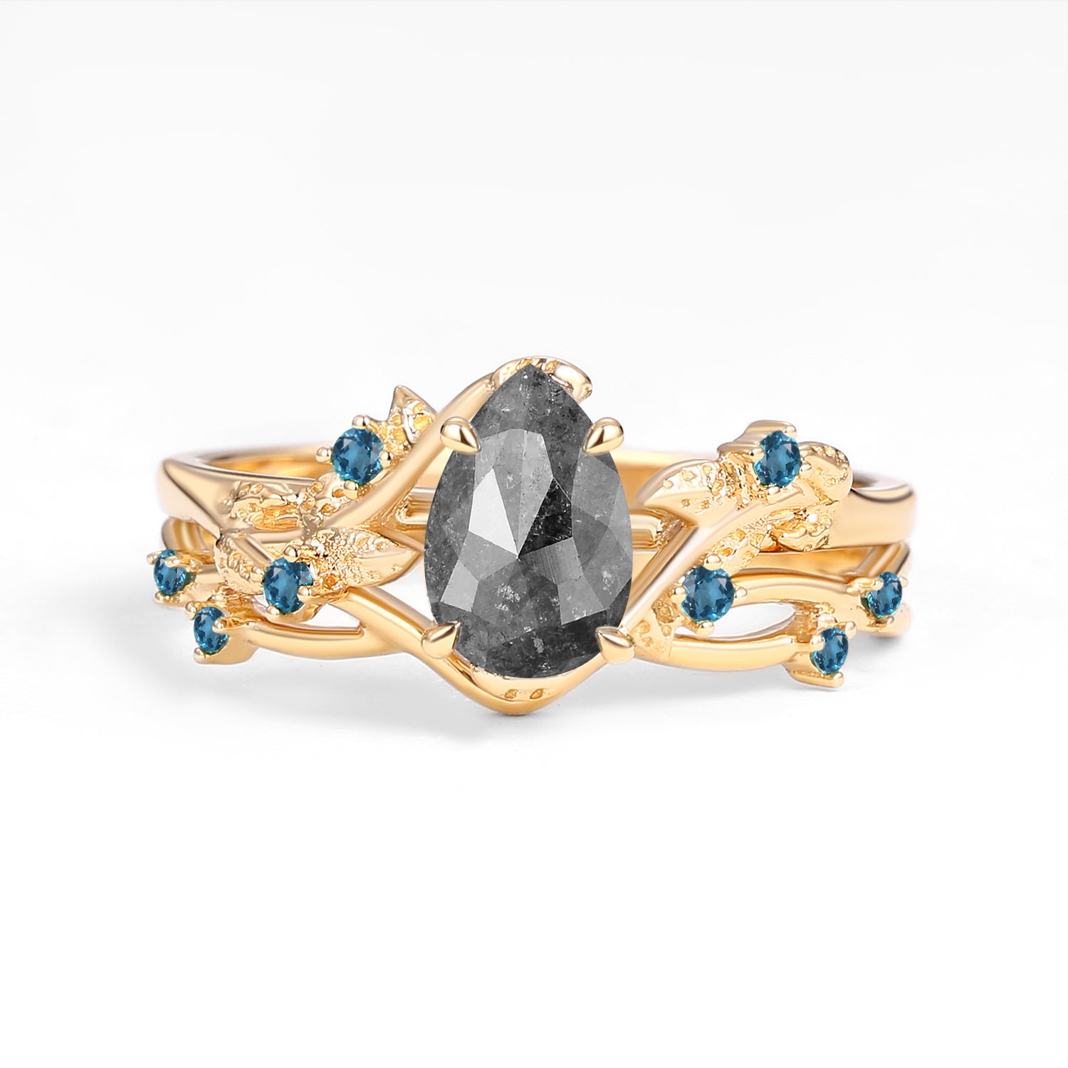 Nature Inspired Pear Shaped Salt and Pepper Diamond Leaf Ring Set - 2 Piece Moss Agate Jewelry for Women | Boho Wedding, Nature Lover Gift, Everyday Elegance