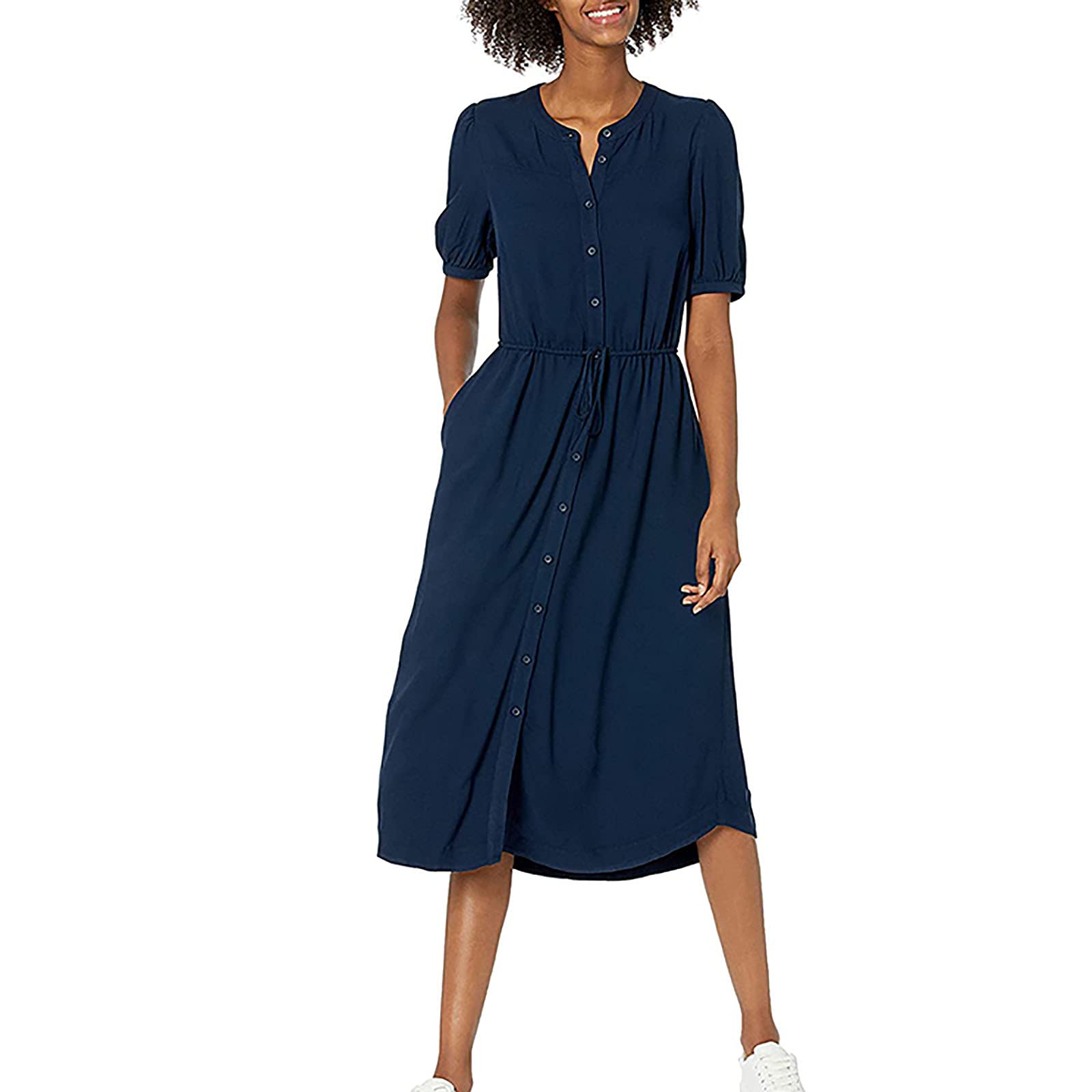 Women's Summer Casual Midi Dress - Crew Neck, Empire Waist, Button Down Loose Beach Dress for Vacation, Outdoor Activities & Daily Wear