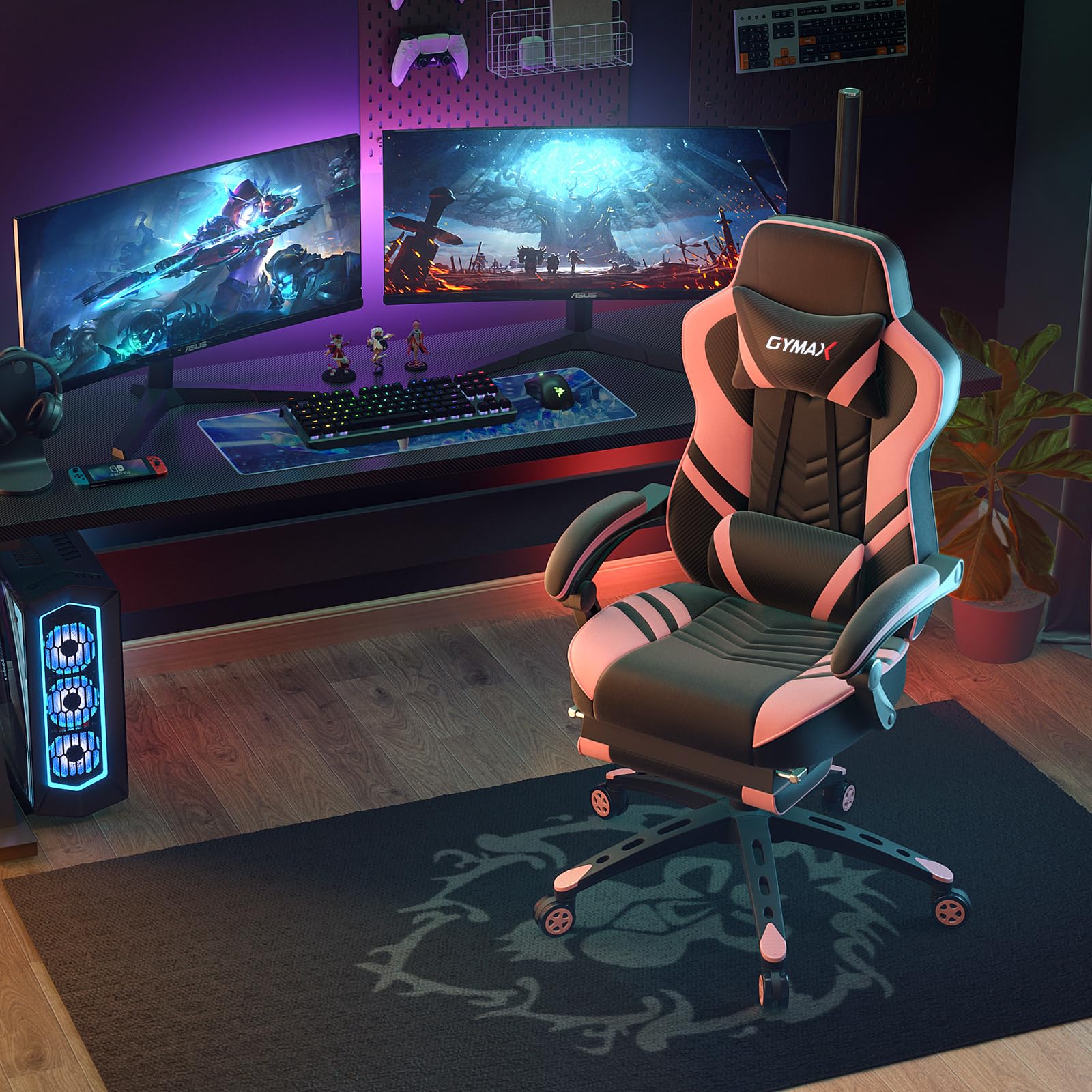 POWERSTONE Ergonomic Gaming Chair with Adjustable Lumbar Support & Footrest - Racing Style PU Leather Computer Desk Chair for Office & Home Gaming - Pink Swivel Task Chair for PC, Console & Streaming Setup