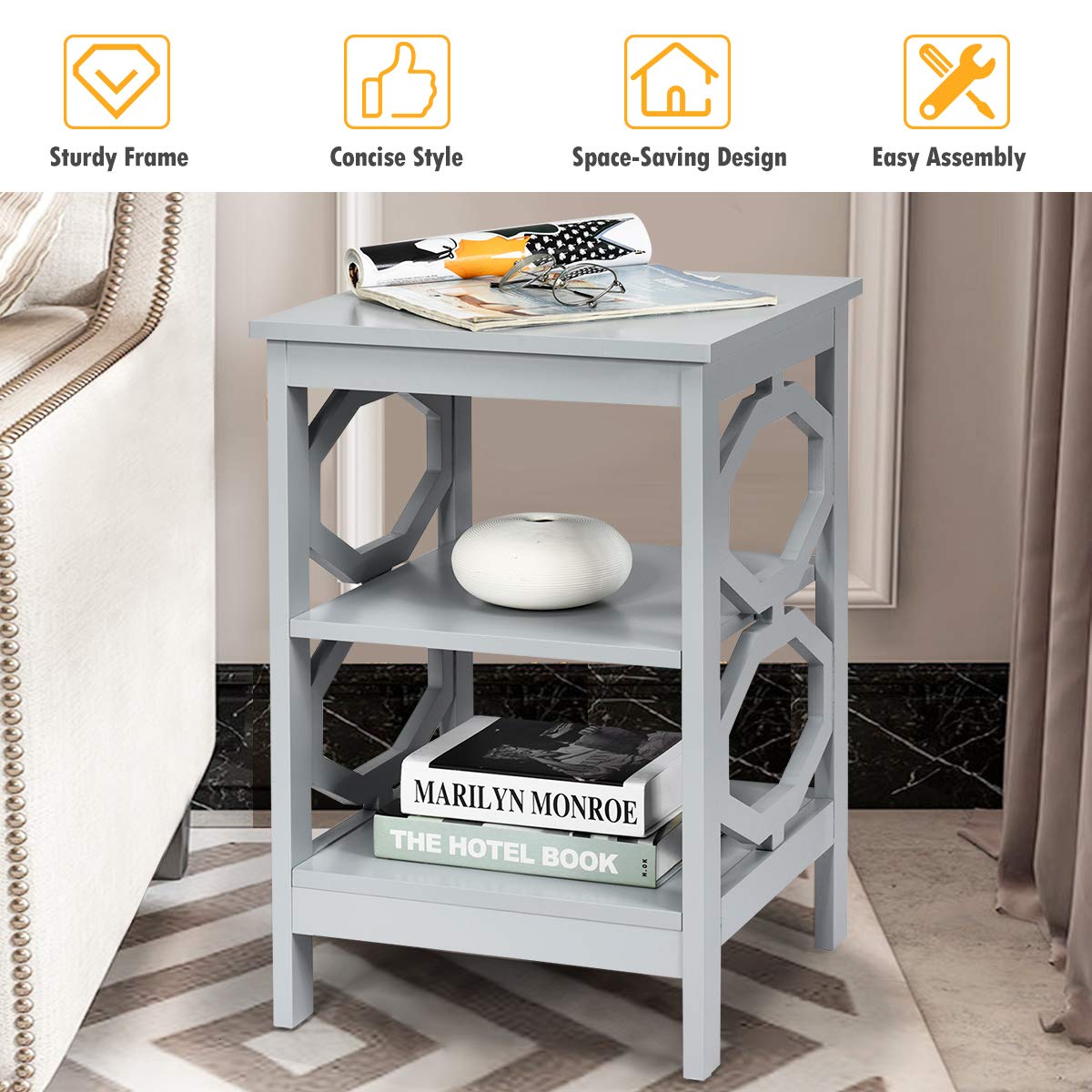 KOTEK 3-Tier Nightstand Set of 2, Wooden Side Table with Storage Shelves for Bedroom & Living Room - Sturdy Accent Table, End Table or Bedside Table - Easy Assembly (Grey) | Perfect for Small Spaces, Apartment Decor & Nightstand Organization