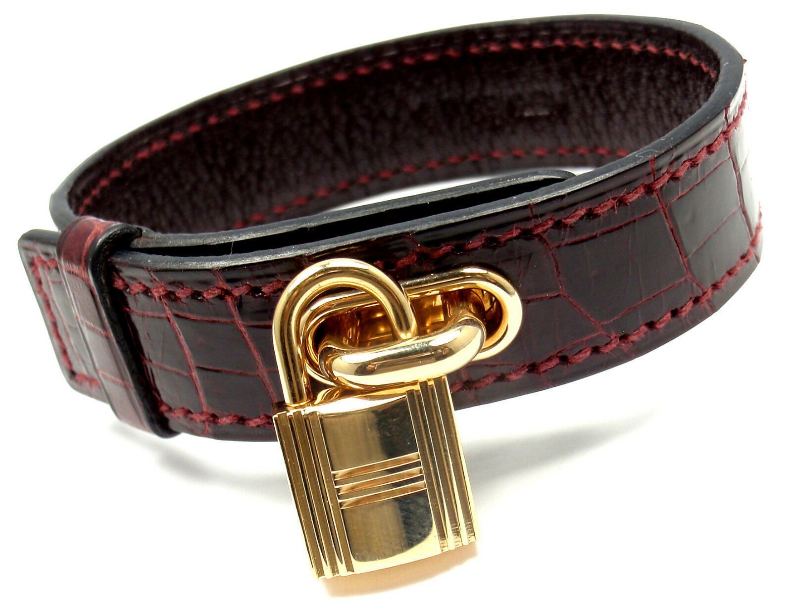 Authentic HERMES 18k Yellow Gold & Crocodile Burgundy Leather Bracelet - Rare Luxury Jewelry for Women, Gift for Her, Perfect for Special Occasions & Elegant Outfits