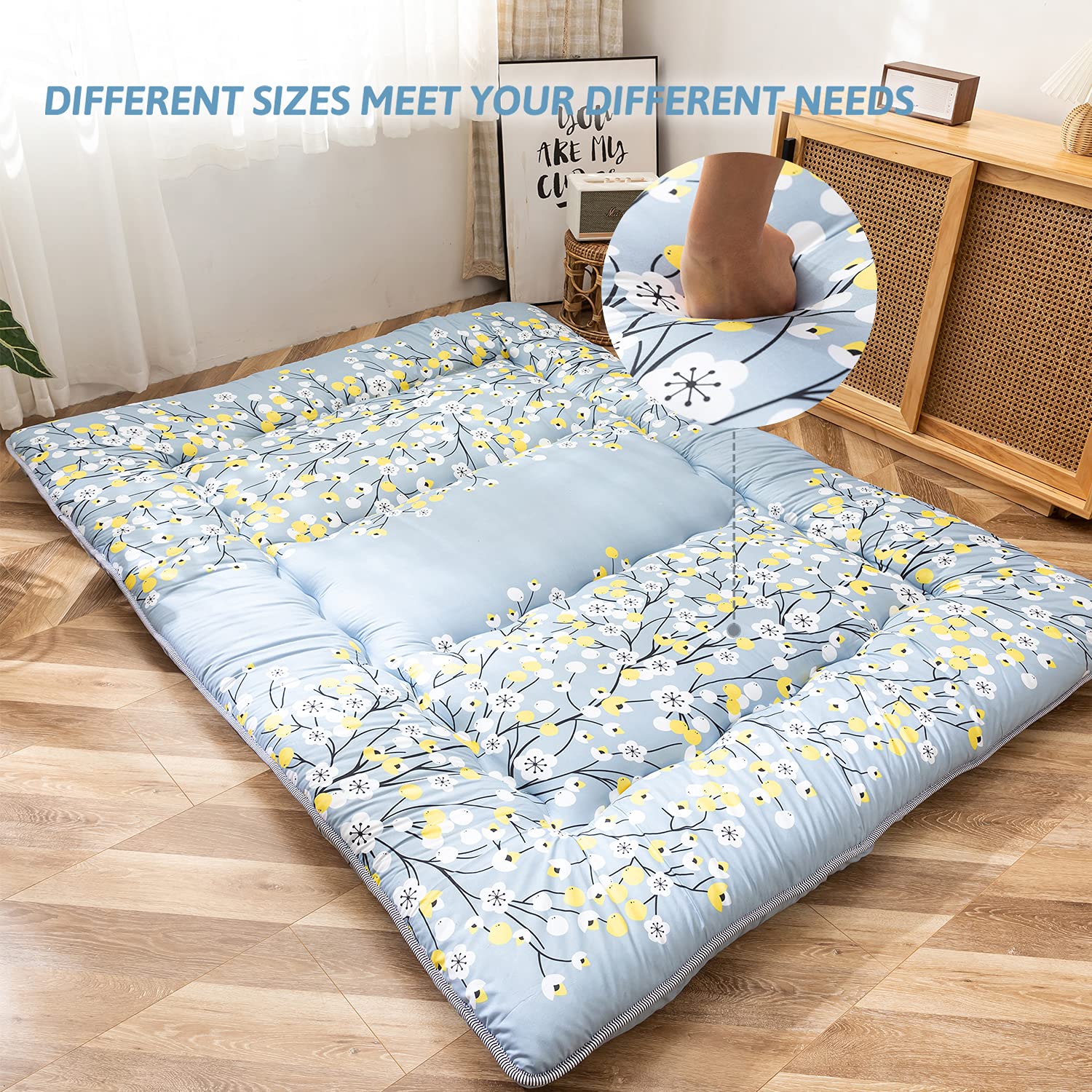 MAXYOYO Japanese Futon Floor Mattress - Portable Thick Sleeping Pad, Foldable Guest Bed & Camping Mattress Topper - Queen Size for Home, Travel & Outdoor Use