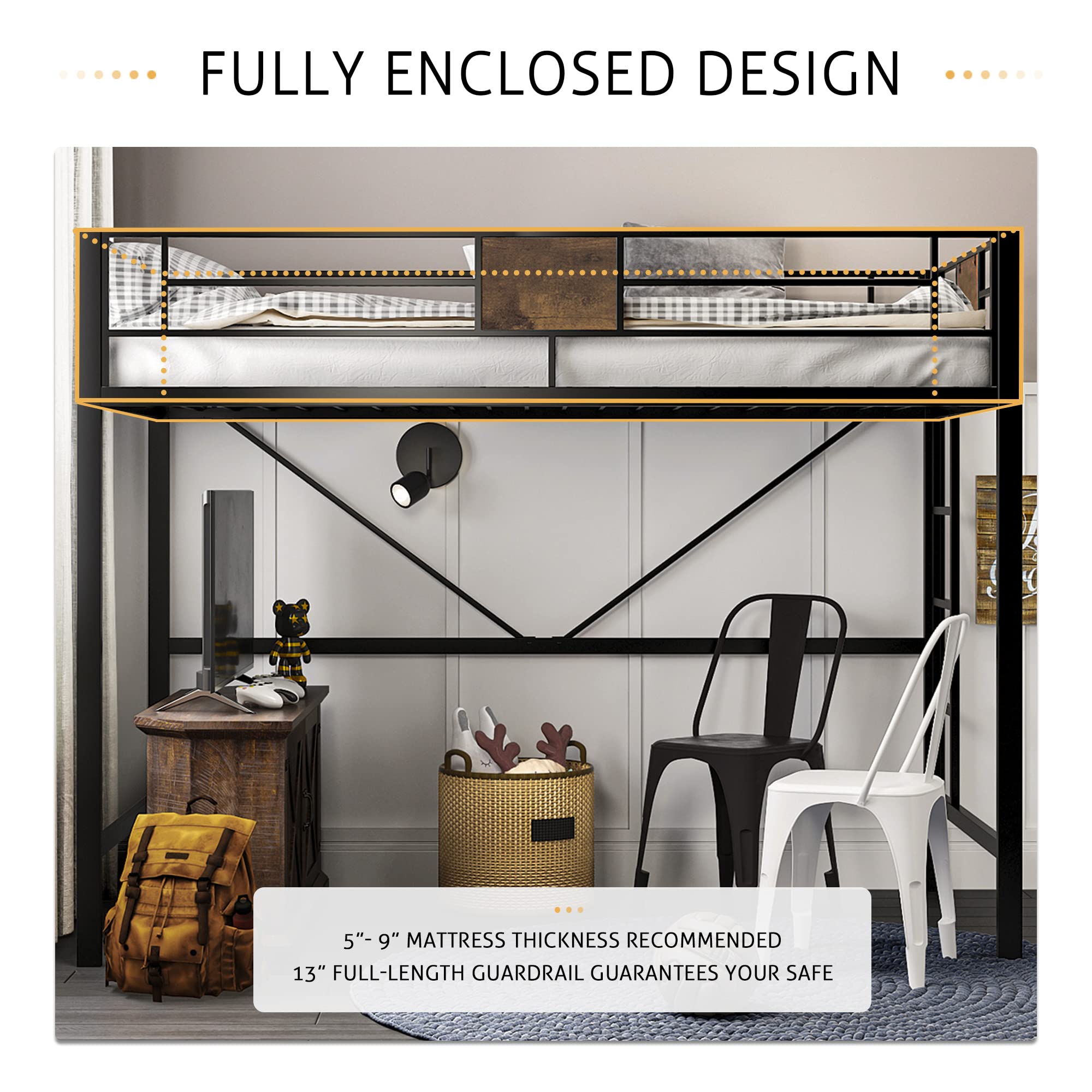 Rustic SHA CERLIN Twin Loft Bed with Ladder & Guardrail - Space-Saving Metal Slat Design (No Box Spring Needed) - Perfect for Small Bedrooms, Dorms & Studio Apartments
