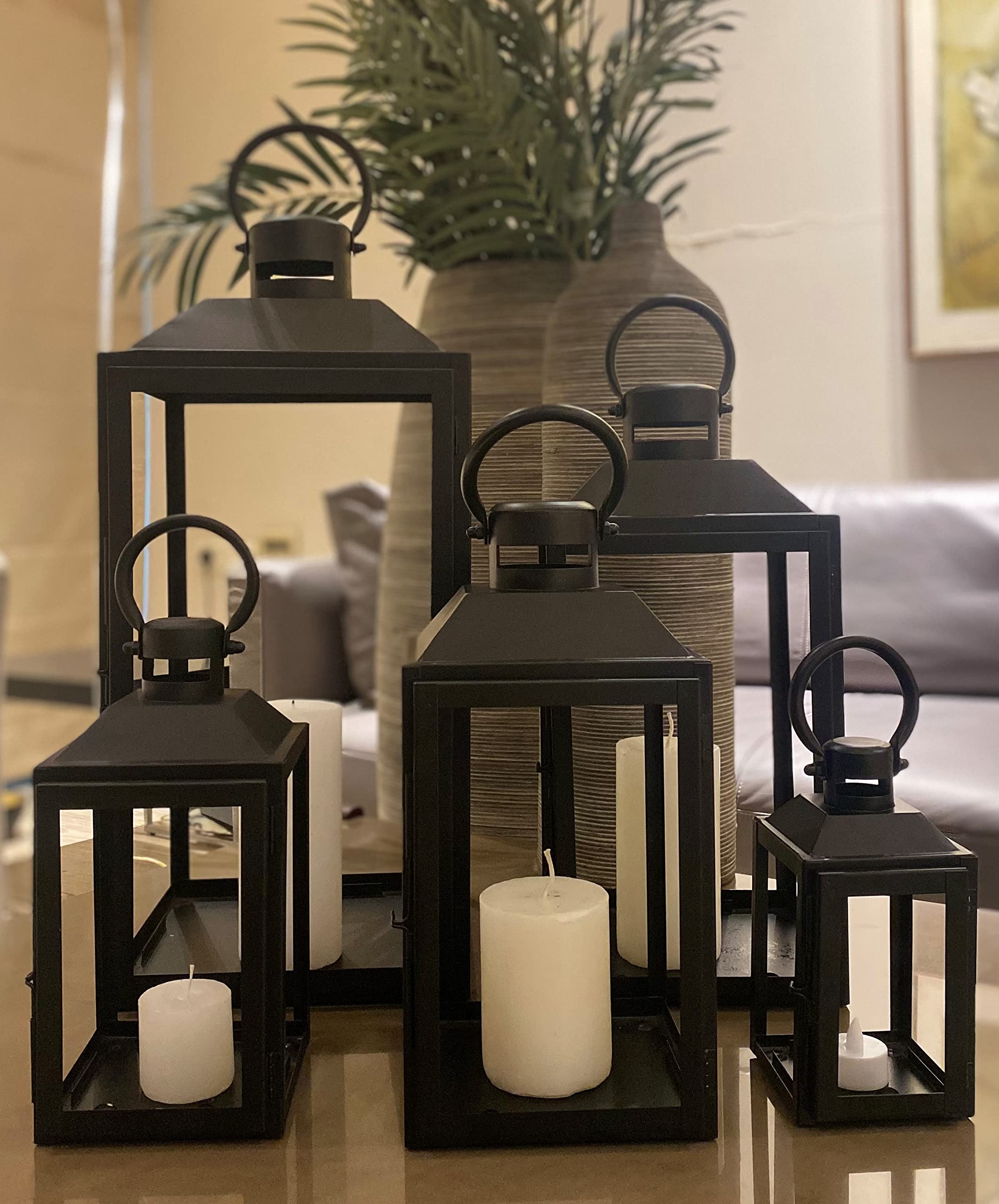 Decorative Metal and Glass Lanterns Set of 5 - Elegant Indoor/Outdoor Lighting for Patio, Garden, Wedding & Home Decor