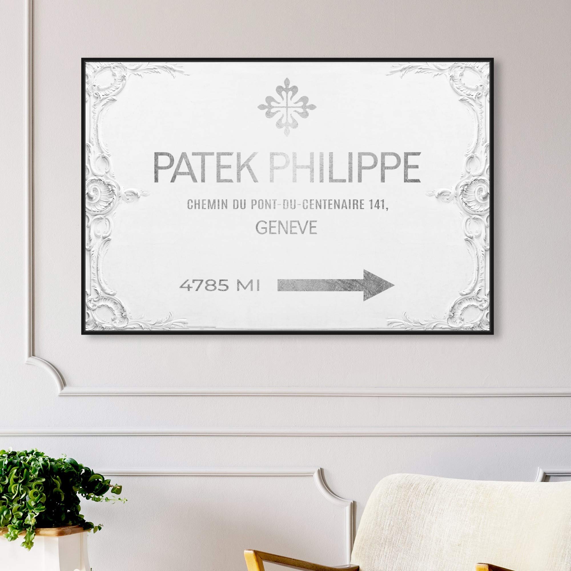 Oliver Gal Artist Co. Fashion & Glam Wall Art Framed Canvas Print - Geneva Watches Road Signs Home Decor (45x30 Inches, Gray & White) - Perfect for Living Room, Bedroom & Office Wall Decor