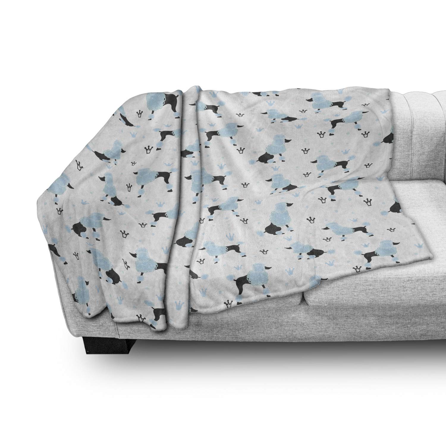 Ambesonne Poodle Throw Blanket - Hand Drawn Crowns & Scribble Fluffy Dog Design, Soft Flannel Fleece Accent Blanket for Couch, Bed, Sofa - 70x90 Inches Pale Blue & White - Perfect for Cozy Nights, Pet Lover Gifts & Home Decor