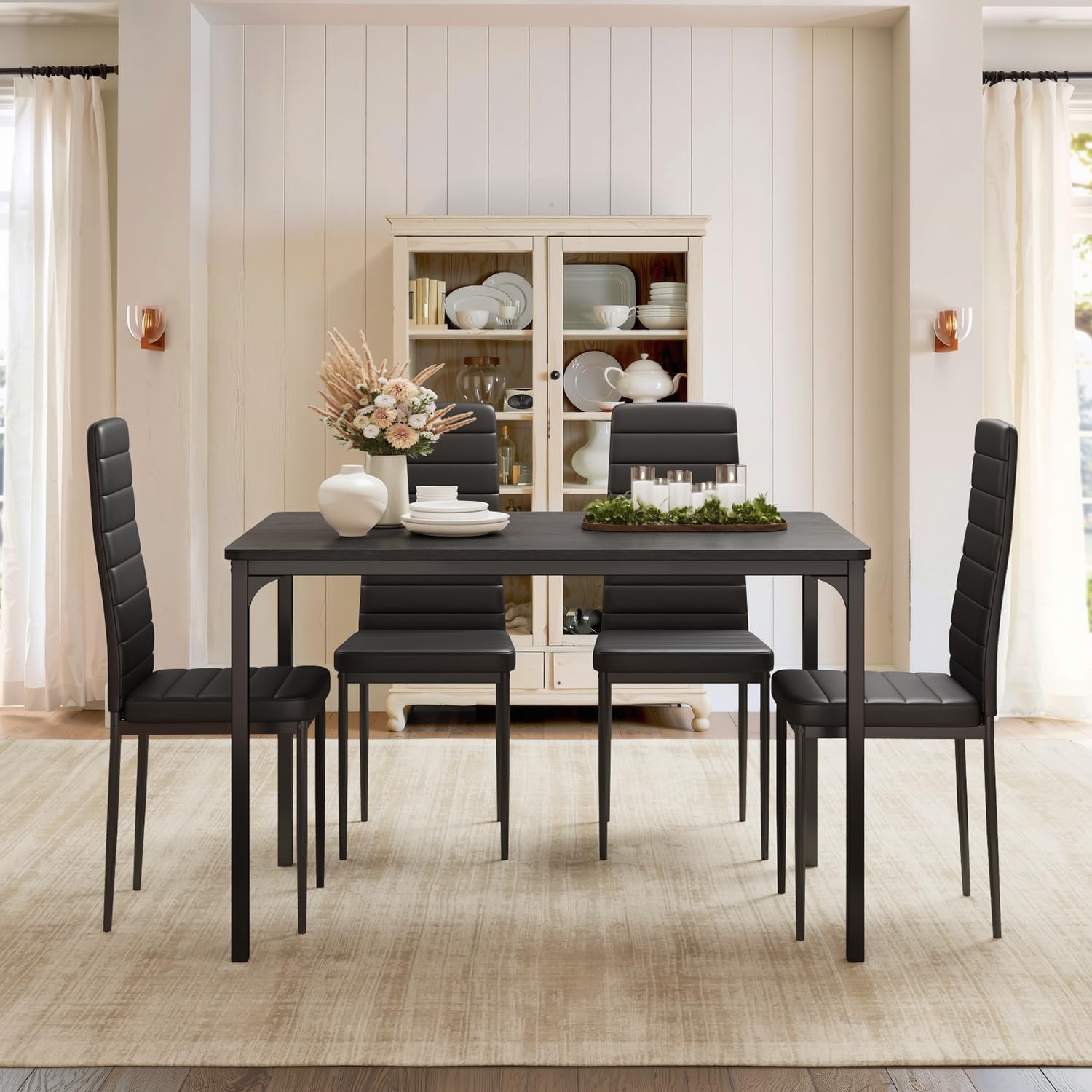5-Piece Gizoon Dining Table Set for 4 with Upholstered PU Leather Chairs - Kitchen & Dining Room Table Set for Small Spaces, Apartments, Living Rooms - Perfect for Family Meals, Entertaining Guests & Compact Home Decor (Black)