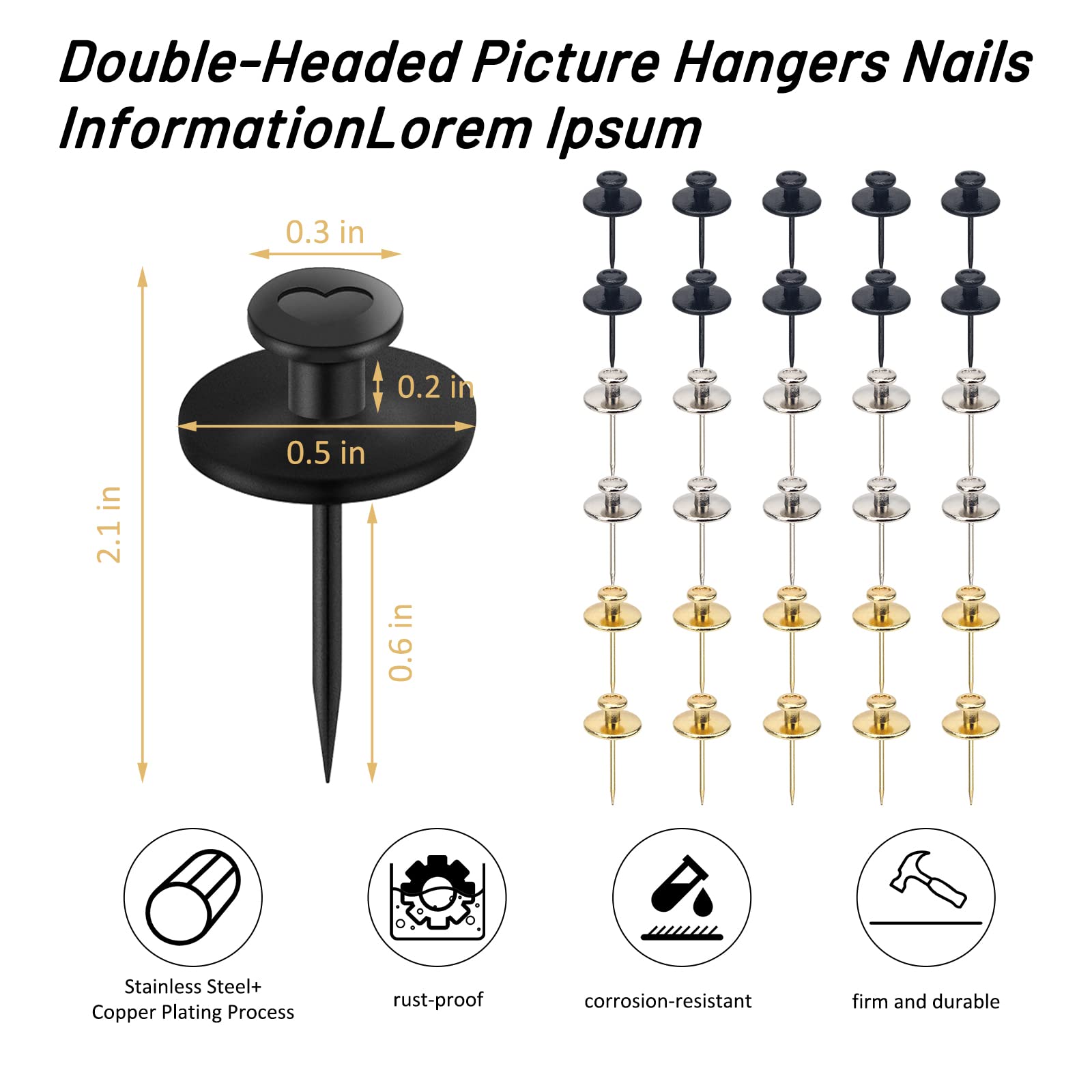 30Pcs Double-Headed Picture Hangers Nails - Heavy Duty Wall Hooks for Photos, Paintings & Mirrors - Decorative Thumb Tacks in Black, Gold & Silver - Perfect for Home, Office & Gallery Decor