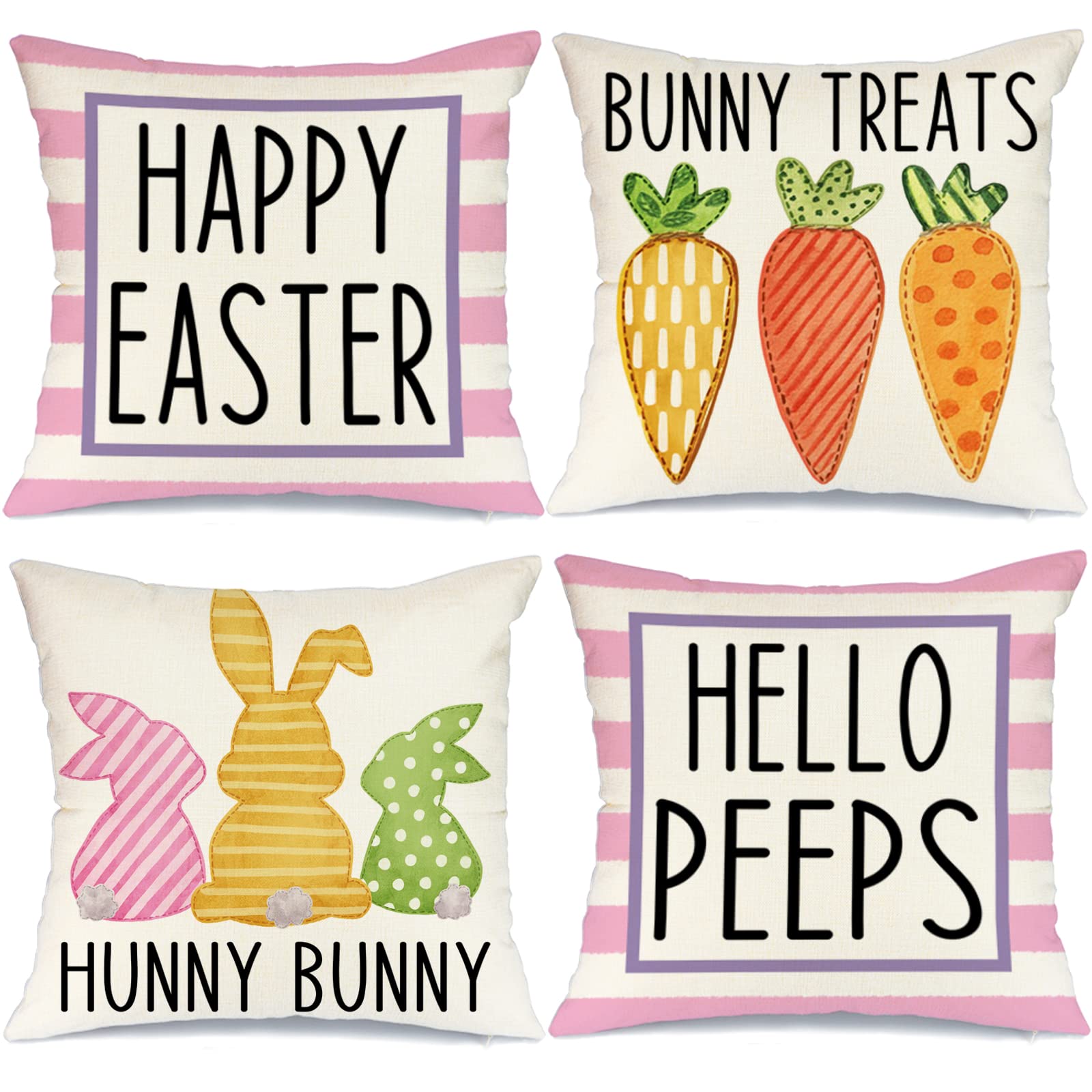 Easter Pillow Covers 16x16 Inch Set of 4 - Spring Bunny Decorations for Home, Farmhouse Throw Pillows with Hello Peeps & Pink Stripes - Perfect for Easter Decor, Living Room Sofa, Bedroom Accents and Seasonal Home Styling A474-16